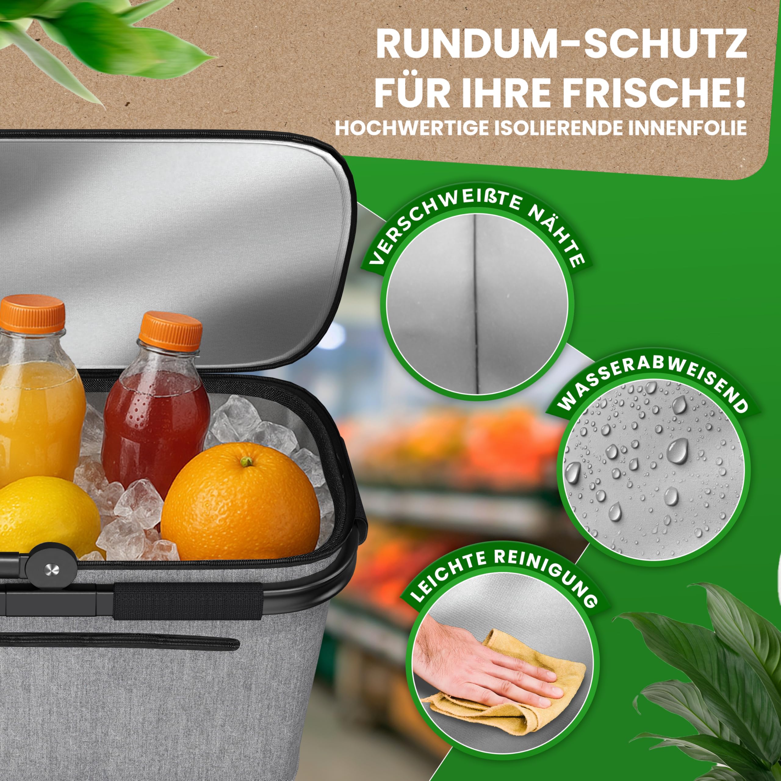 COTTARA Cesta de la compra térmica grande, aislada con tapa, base reforzada, compartimento frontal con cremallera, ideal como cesta refrigeradora o cesta de picnic (gris)