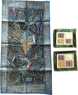 Mogul Interior Banjara Tapestry with Cushion Cover Blue Vintage Zardozi Wall Throw