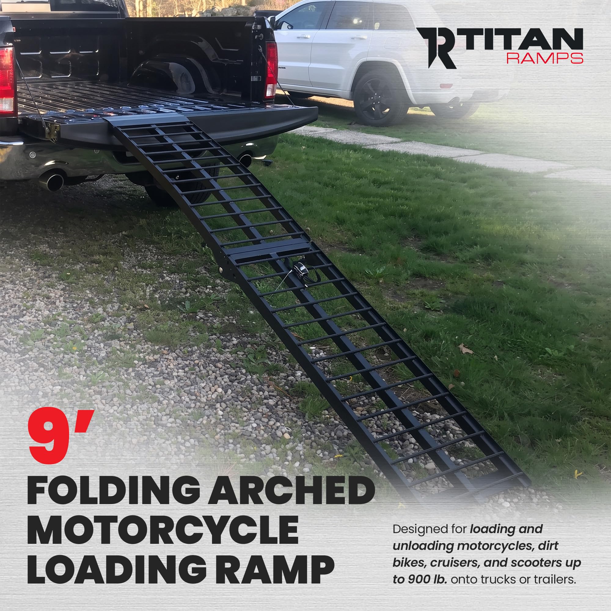 Titan Ramps 9 Heavy-Duty Arched Motorcycle Loading Ramp - 900 lb. Capacity | Aluminum loading for pickup trucks foldable lightweight with serrated crossbars product thumbnail 3