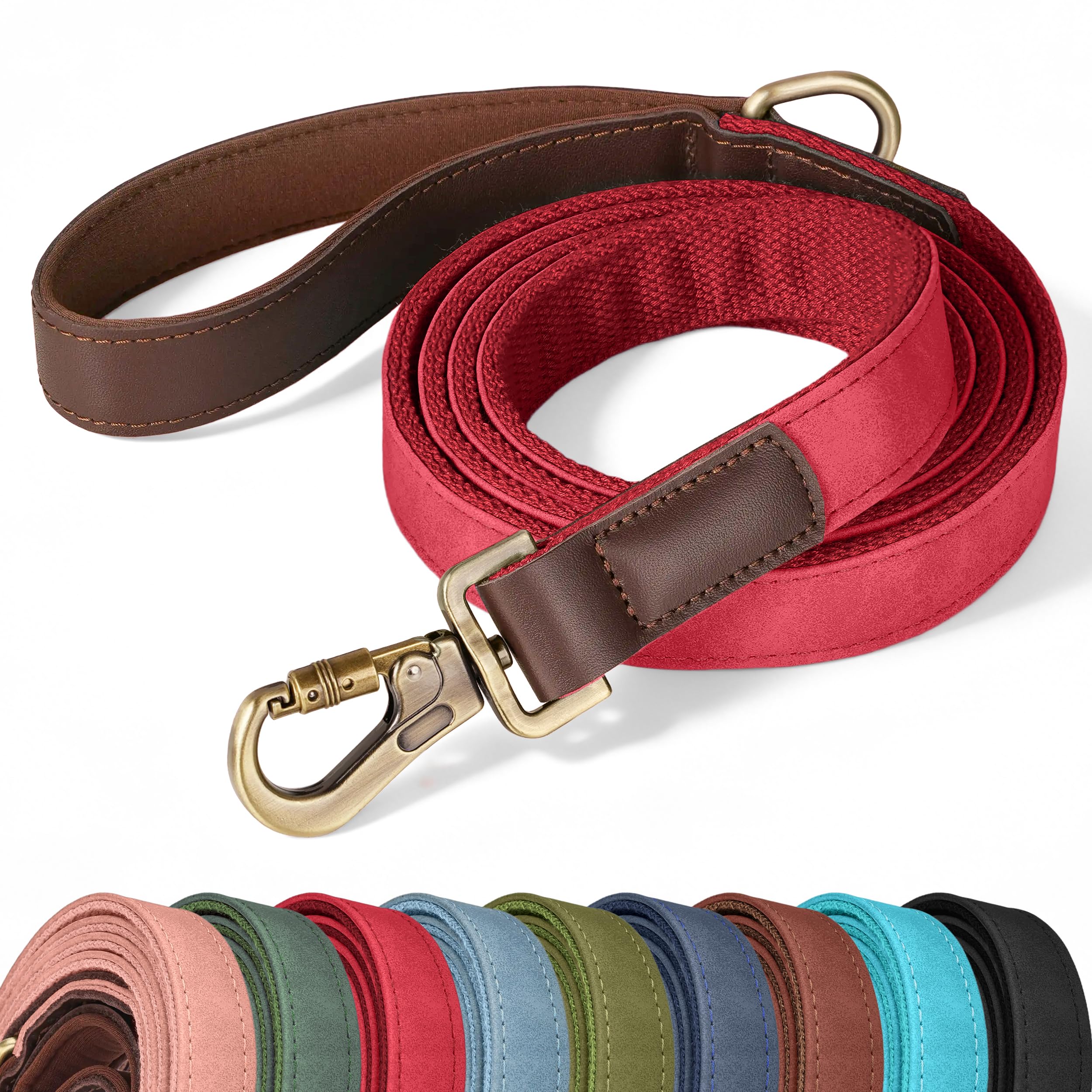 Didog PU Leather Dog Leash for Large Dogs, 6ft Soft Padded Handle, Red