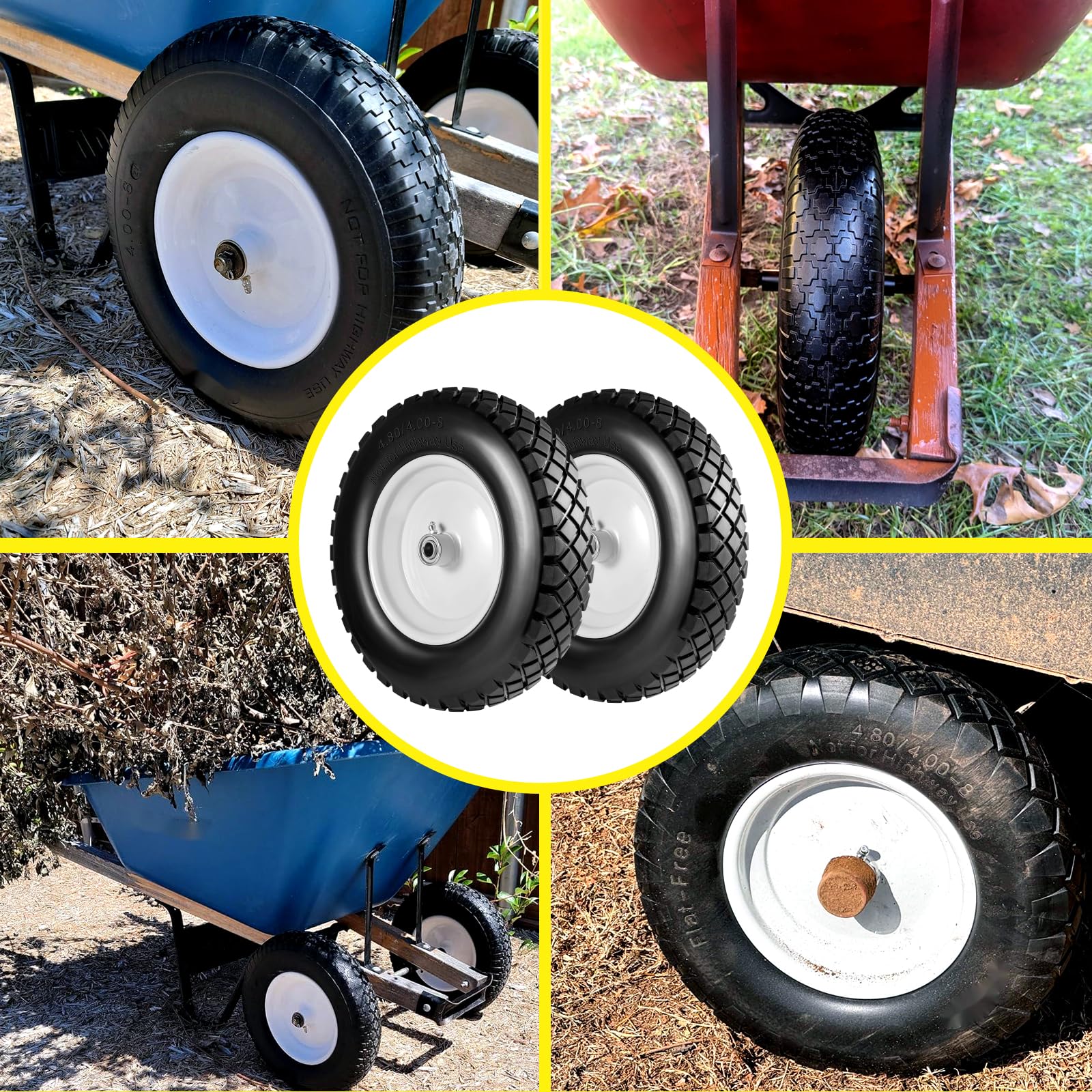 Pneumatico e Ruota Anti-pinchio 4.80/4.00-8" 2 PZ, Ruota Solida da Carrello 38,99 cm con Cuscinetti 15,88 mm & 19,05 mm, Mozzo Centrato 7,62-17,78 cm,per Carrello a Mano/Remorchio da Giardino/Carretto