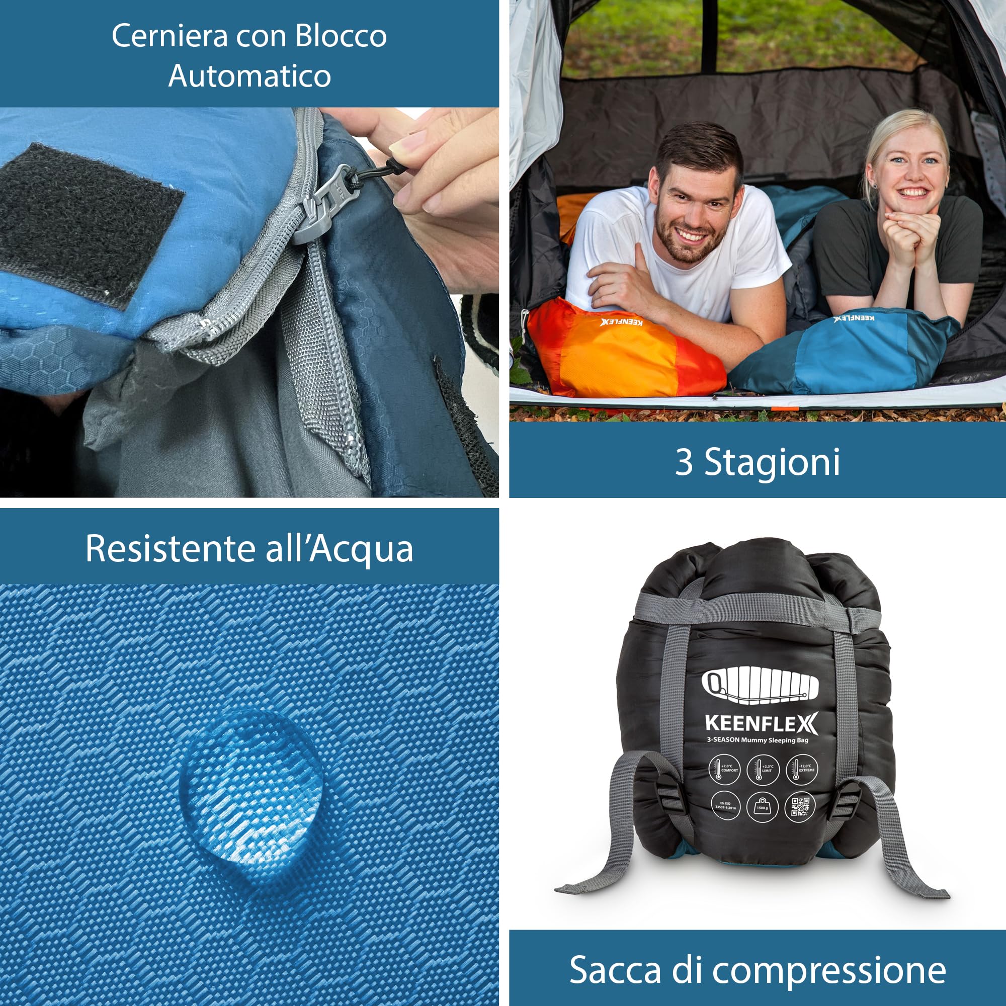 Sacco a pelo per adulti – Piccolo e ultraleggero – 3 stagioni (1500 g) e sacco a pelo estivo (900 g) – per campeggio e attività all'aperto