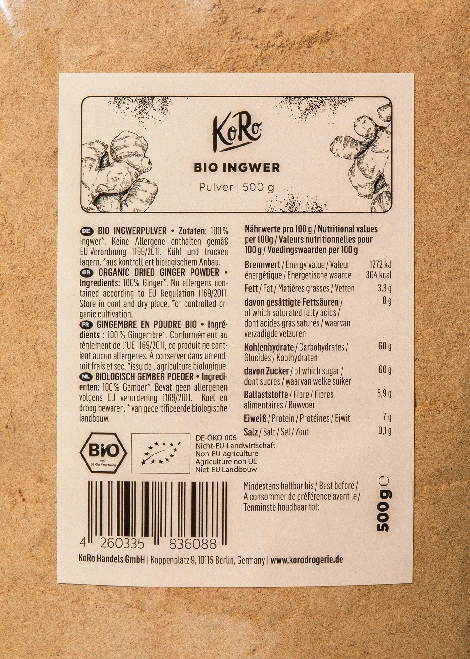 KoRo - Zenzero bio in polvere 500 g - Superfood - polvere senza zucchero e senza zolfo