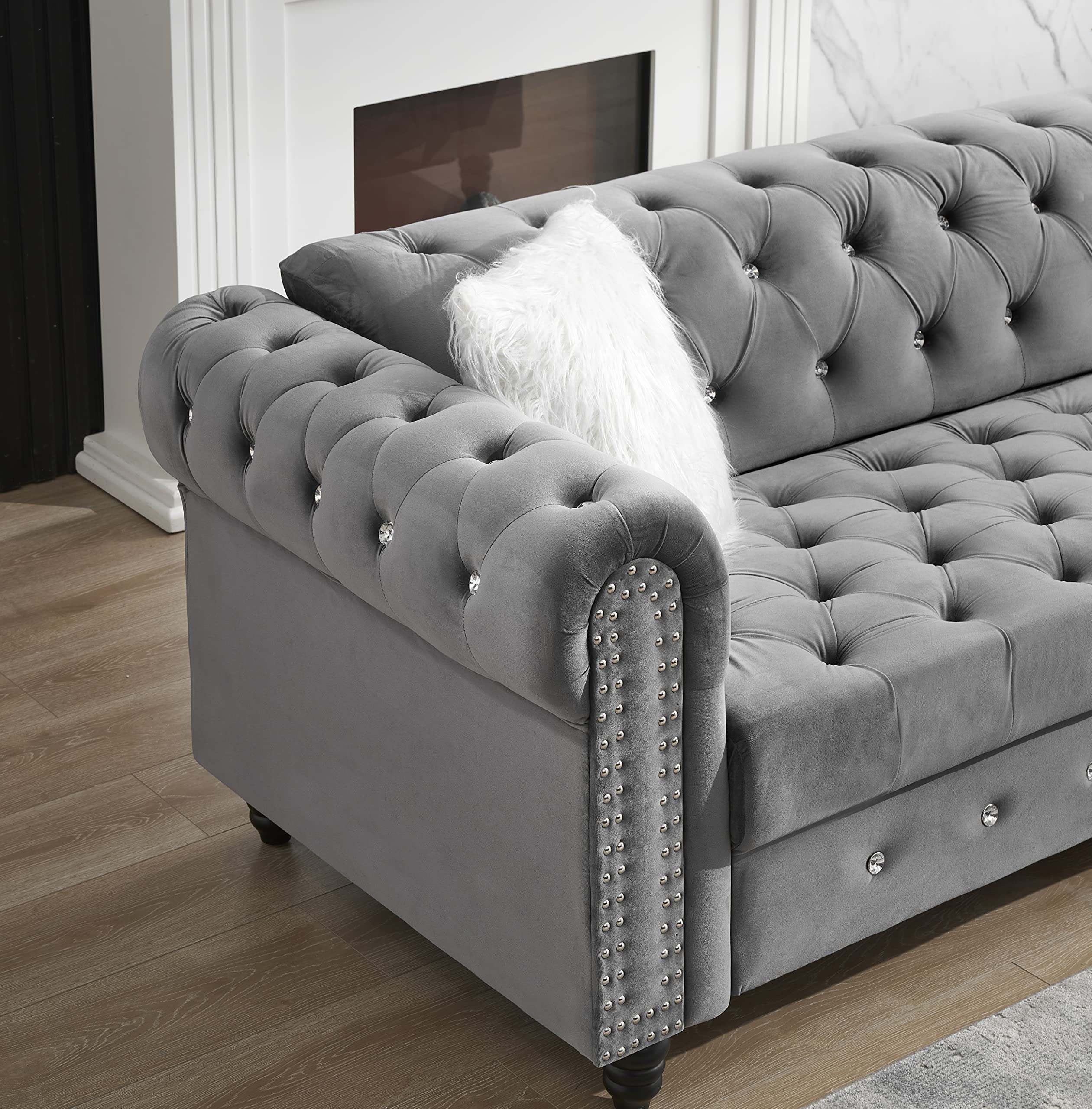 グレー ベルベット ロールアームソファ Amazon.com: Grey Chesterfield Deep Button Velvet One-Seat Sofa