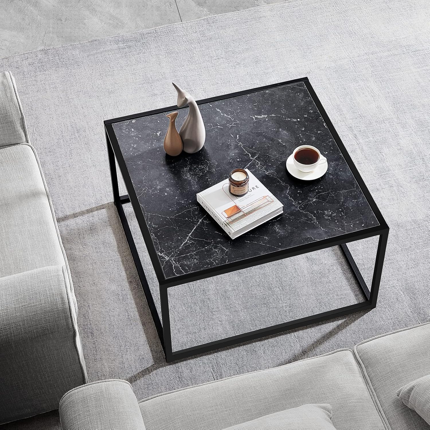 SAYGOER Black Coffee Table Small Square Coffee Tables Simple Modern Center Table for Living Room Home Office 27.6 * 27.6 * 15.7Inch, Easy Assembly, Black Faux Marble Black Marble Square Square