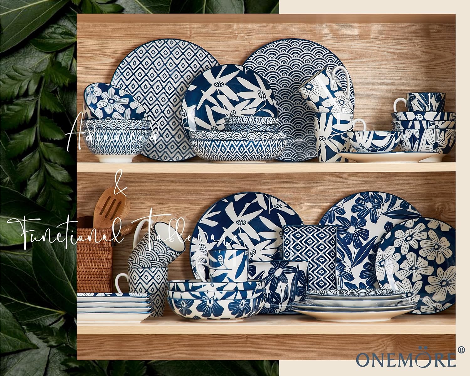 ONEMORE Rectangular Serving Plates Set of 6-7.5 inch Ceramic Blue and White Appetizer Plates - Microwave, Oven & Dishwasher Safe, Classic Style, Sturdy, Scratch Resistant - Vintage Blue