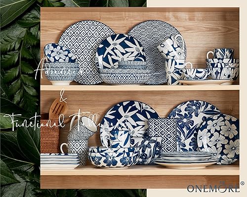 Miniatura 7 de ONEMORE Juego de platos rectangulares de 6 a 7.5 pulgadas, platos de cerámica azul y blanco, aptos para microondas, horno y lavavajillas, estilo