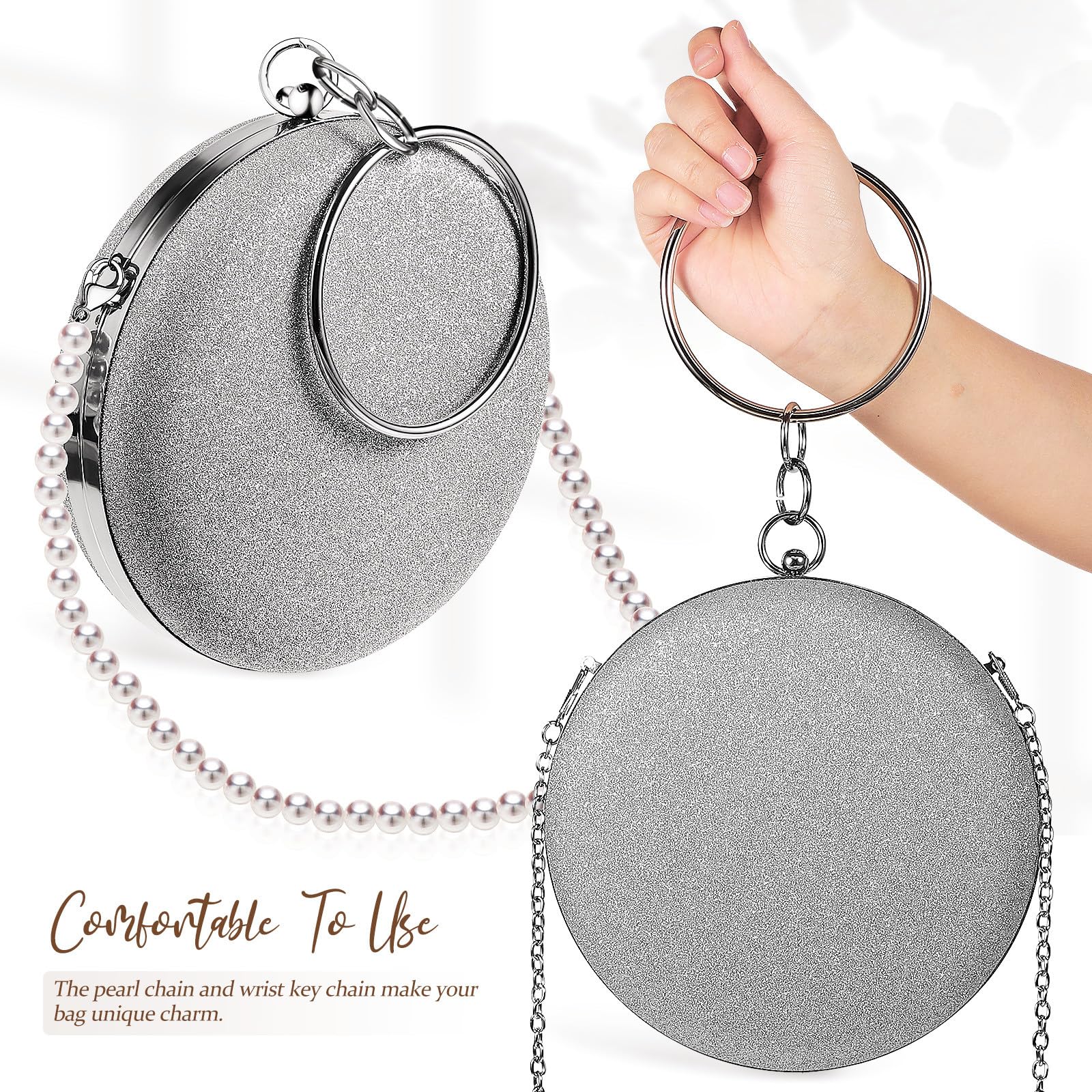 Abendclutch und Rundem Ring aus Pu Leder mit Abnehmbarer Perlenkette Runde in Silber mit Metallkette Damen für Tanz und Party