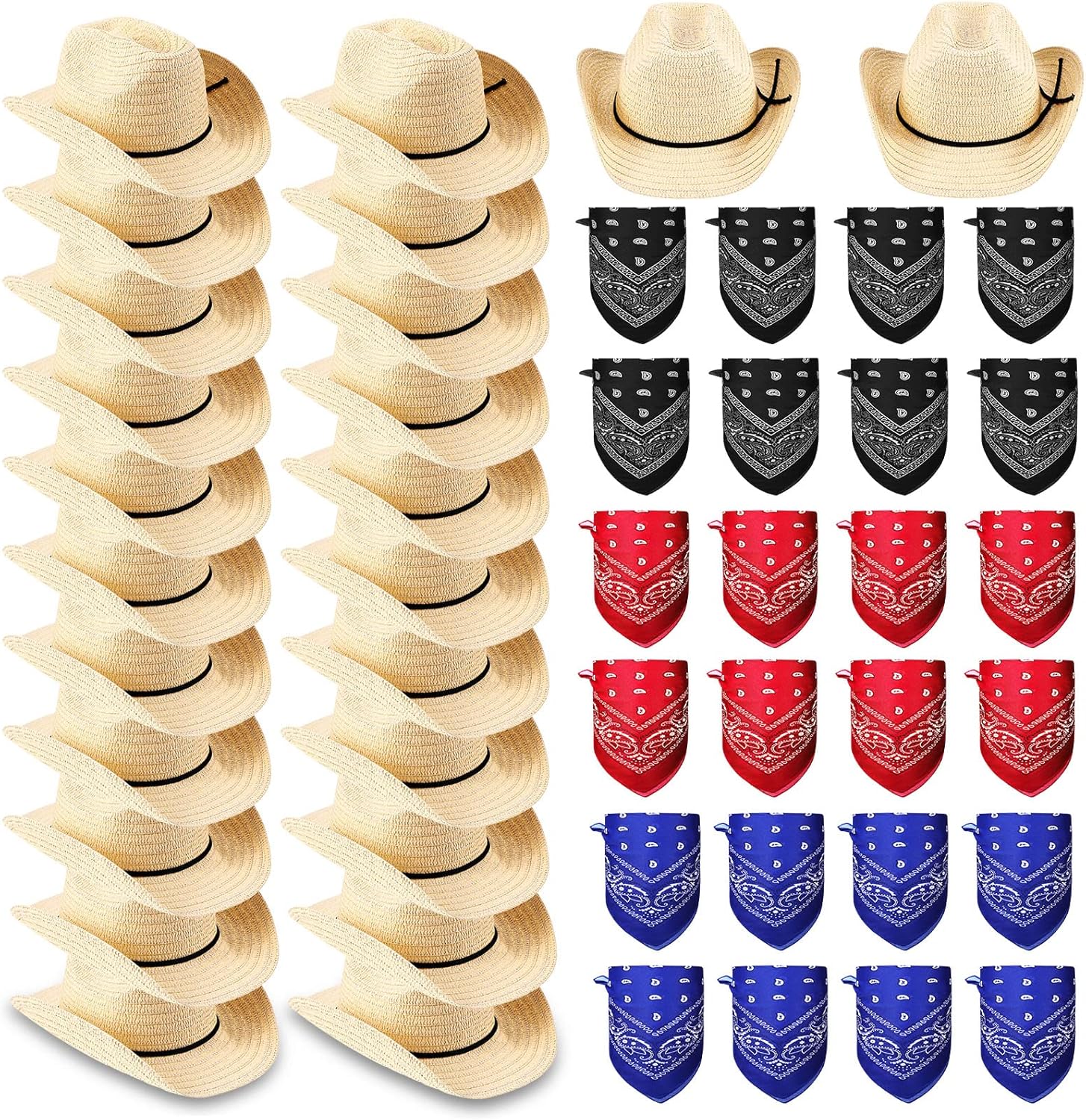 Coume 24 Sets Straw Cowboy Hats and Bandanas in Bulk Cowboy Cap Head Bandana Costume for Adult Summer Halloween Party Retro Style Beige