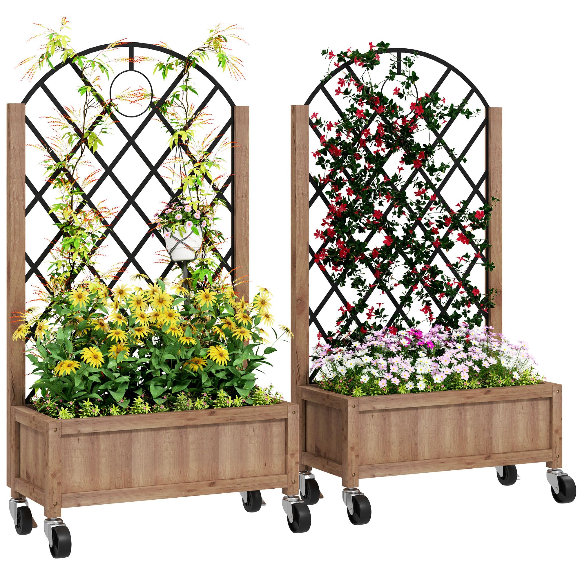 Outsunny 2er Set Hochbeet Pflanzkasten mit Rolle, Rankgitter, Spalier Pflanzkübel Blumenkasten Holz, Gartenspalier 52x25x97cm für Garten Balkon Terrasse, Blumenkübel für Kletterpflanzen Korbpflanzen