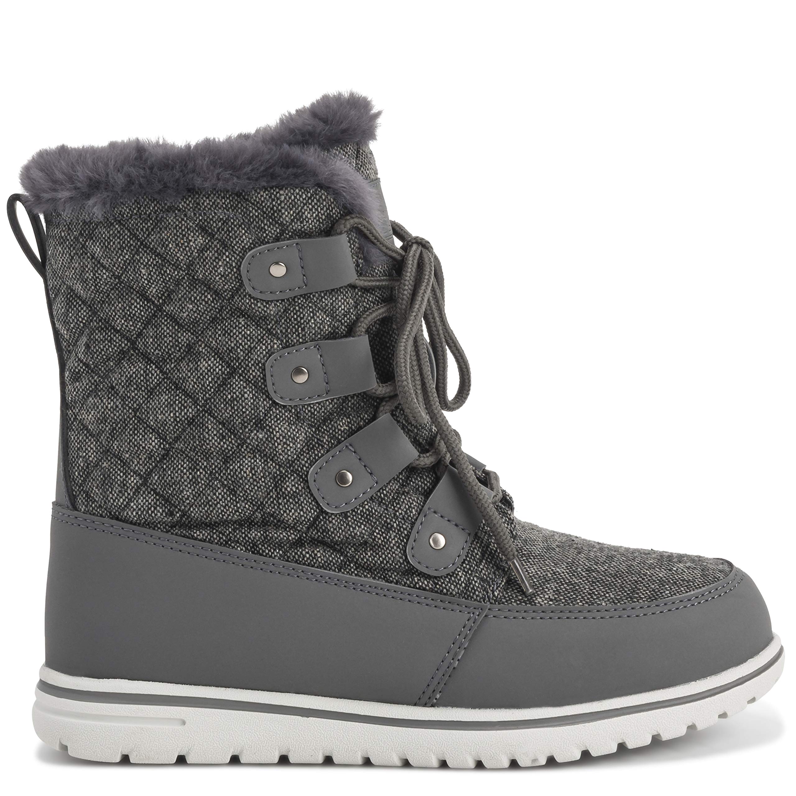 Polar Boot Women’s Waterproof Quilted Winter Snow Boots – Fur-Lined Short Ankle Boots with Thermal Insulation, Anti-Slip Rubber Sole & Lace-Up Design for Cold Weather - Grey Textile Quilted - UK7/40