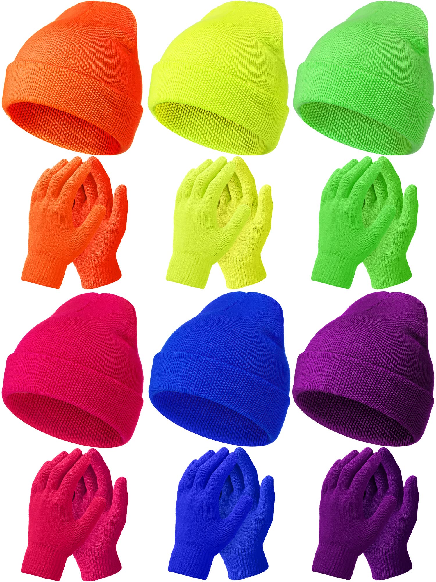 12 Stück Wintermützen und Handschuhe 6 Stück Warme Winter Beanie Mützen 6 Paar Unisex Winterhandschuhe Stricken Thermohandschuhe für Damen Herren Kaltes Wetter, Lebendige Farben, Einheitsgröße