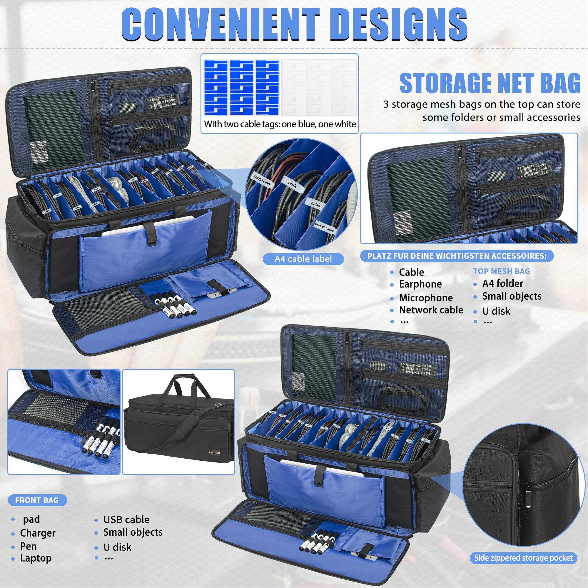 AKOZLIN Torba organizacyjna na kable DJ z odpinanymi przegrodami i dolnymi torbami na kable dla muzyków, podróżna torba Gig na laptopa 15,6", profesjonalny sprzęt DJ, instrument muzyczny i akcesoria