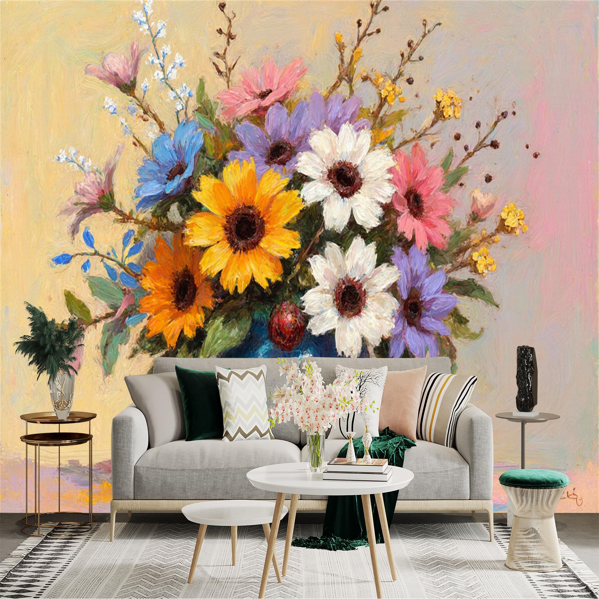 Custom Size Wall Sticker Mural， Colorful Wildflowers in Blue Vase， Oil Painting Style Floral Art， Rustic Home Decor， for wall Decoration， peelandstick wall Decals.