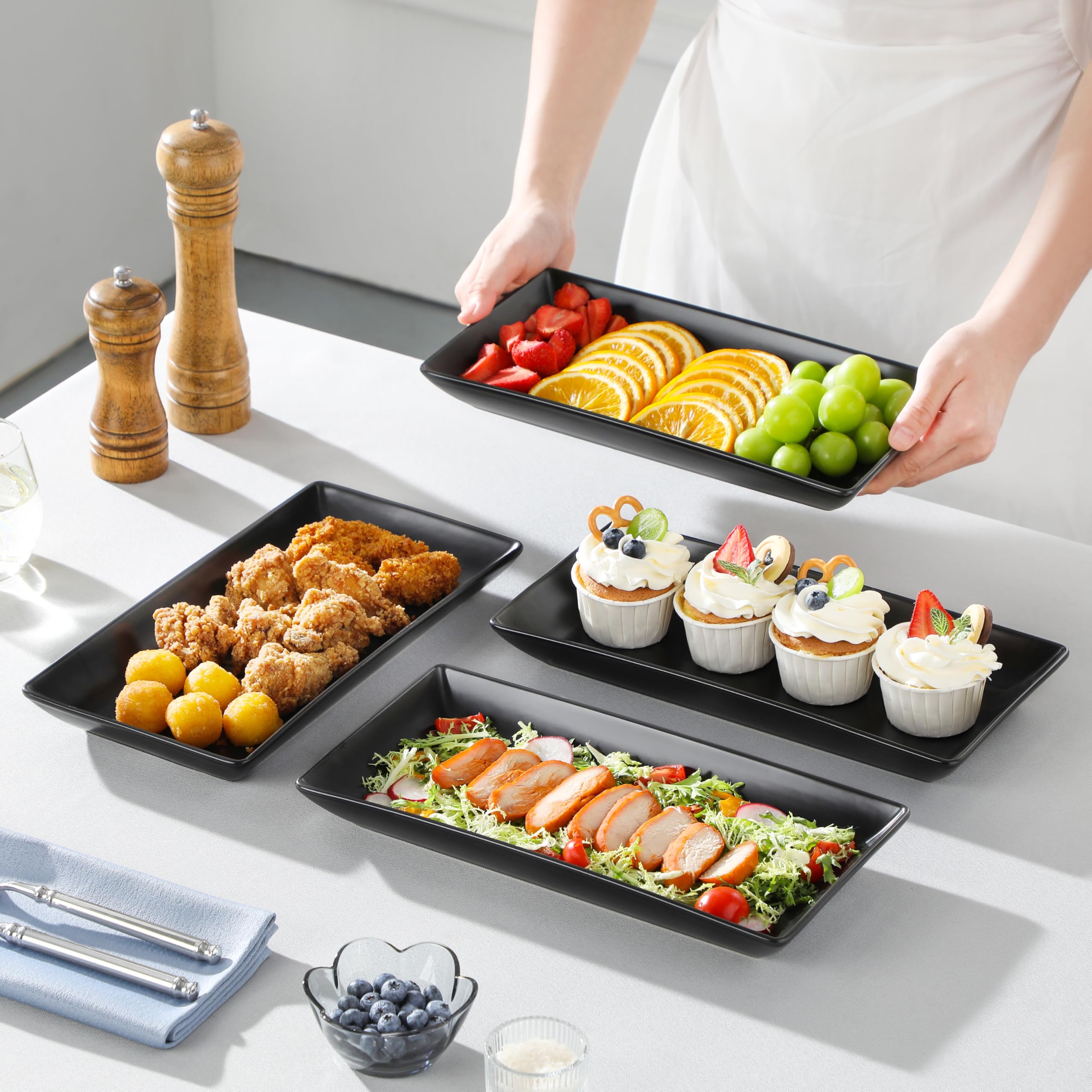 MALACASA Piatti da Portata in Porcellana 30,5 x 15,3 x 3,6 cm, Set di 4 Pezzi, Piatti da Portata Rettangolari Grandi per Buffet, Sushi, Torte, Antipasti a Casa, Feste o al Ristorante, Nero Opaco