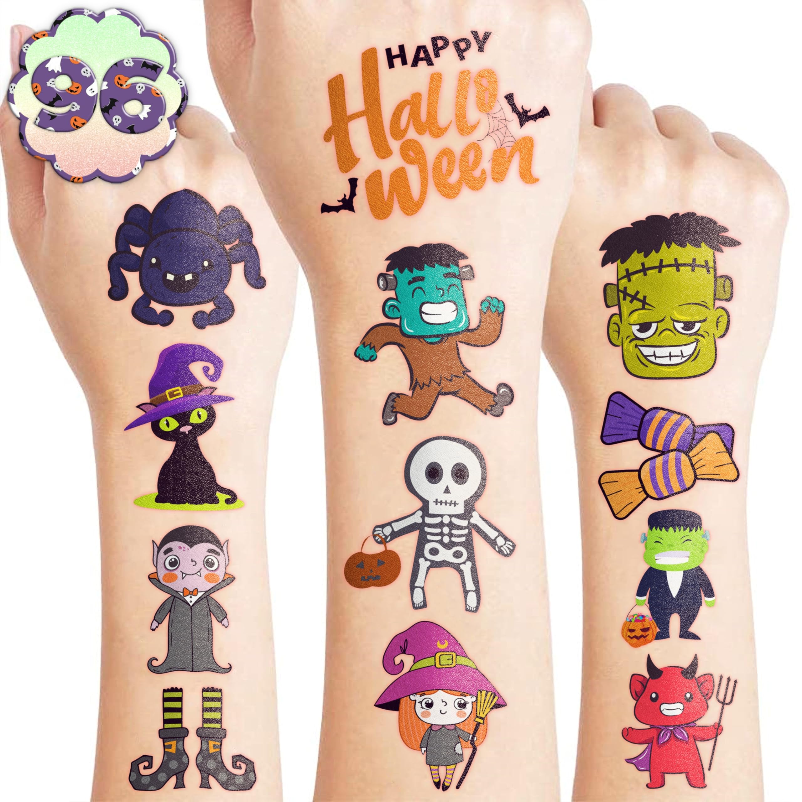 Halloween Temporary Tattoos Stickers for Kids Funny Halloween Themed 96PCS Birthday Party Supplies Favors Funny Cool Super Cute Fake Tattoos Party Decorations Boys Girls School Rewards Gifts
