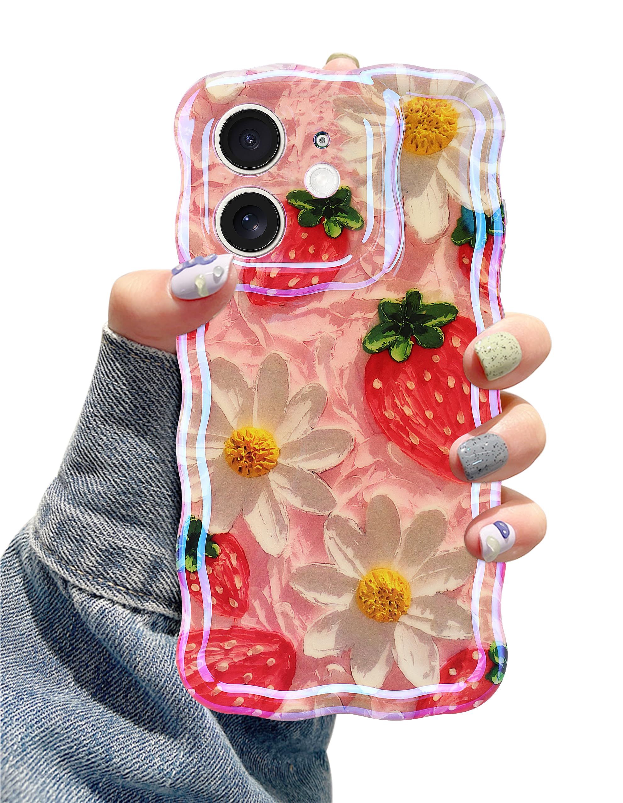 Jusy Compatible with iPhone 11, Colorful Retro Oil Painting Printed Flower Laser Glossy Pattern Cute Curly Wave Phone Case Soft TPU Cover for Girly