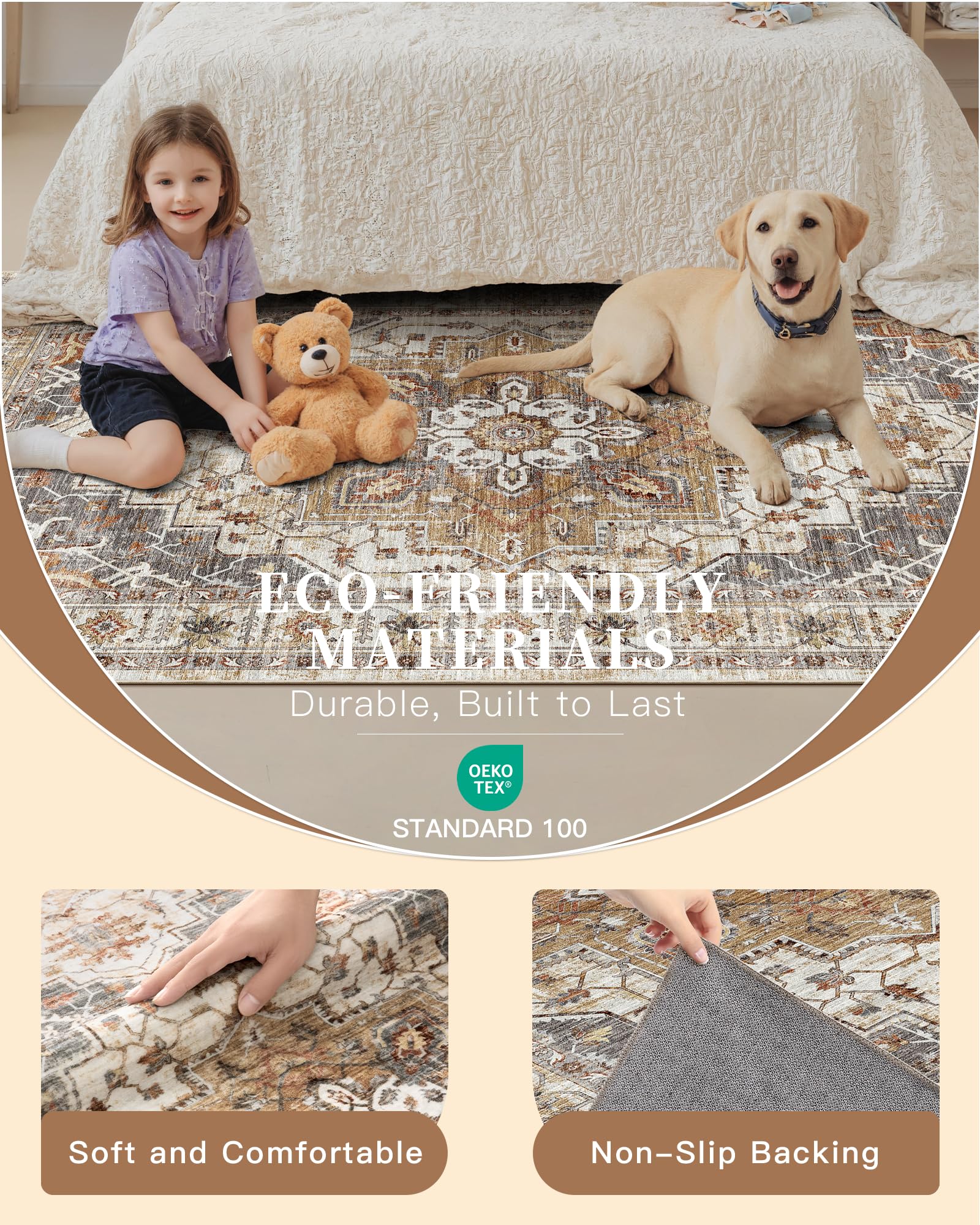 Madane Washable Entry Rug 3x4, Area Rugs for Entryway Kitchen Bathroom Door Mat Indoor Entrance, Vintage Floral Print Office Runner with Non Slip Rubber Backing, Turmeric/Grey