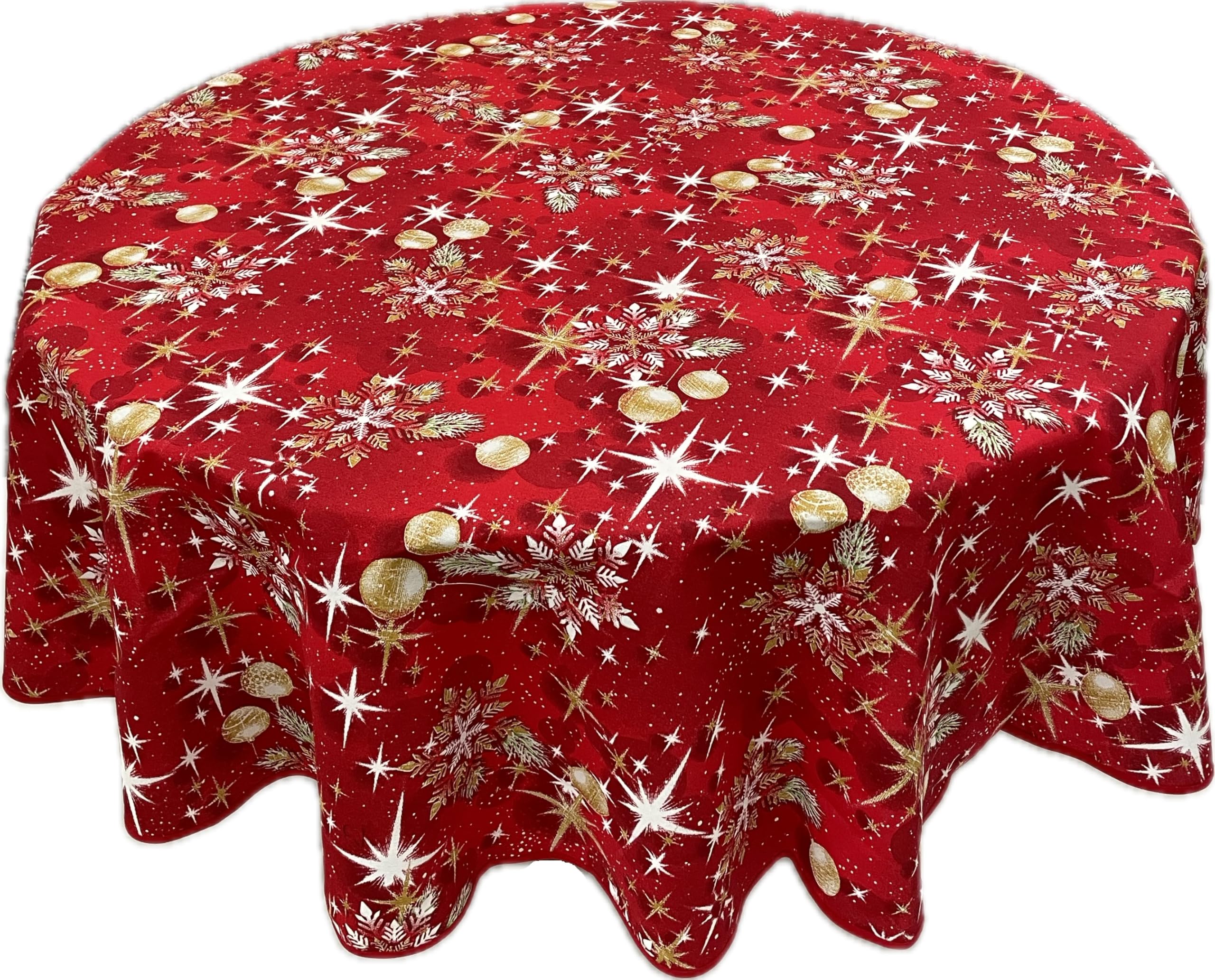 1KDreams Mantel redondo de Navidad con fondo rojo bolas, estrellas y hojas doradas, diseño clásico en clave moderna (Ø 180 cm)