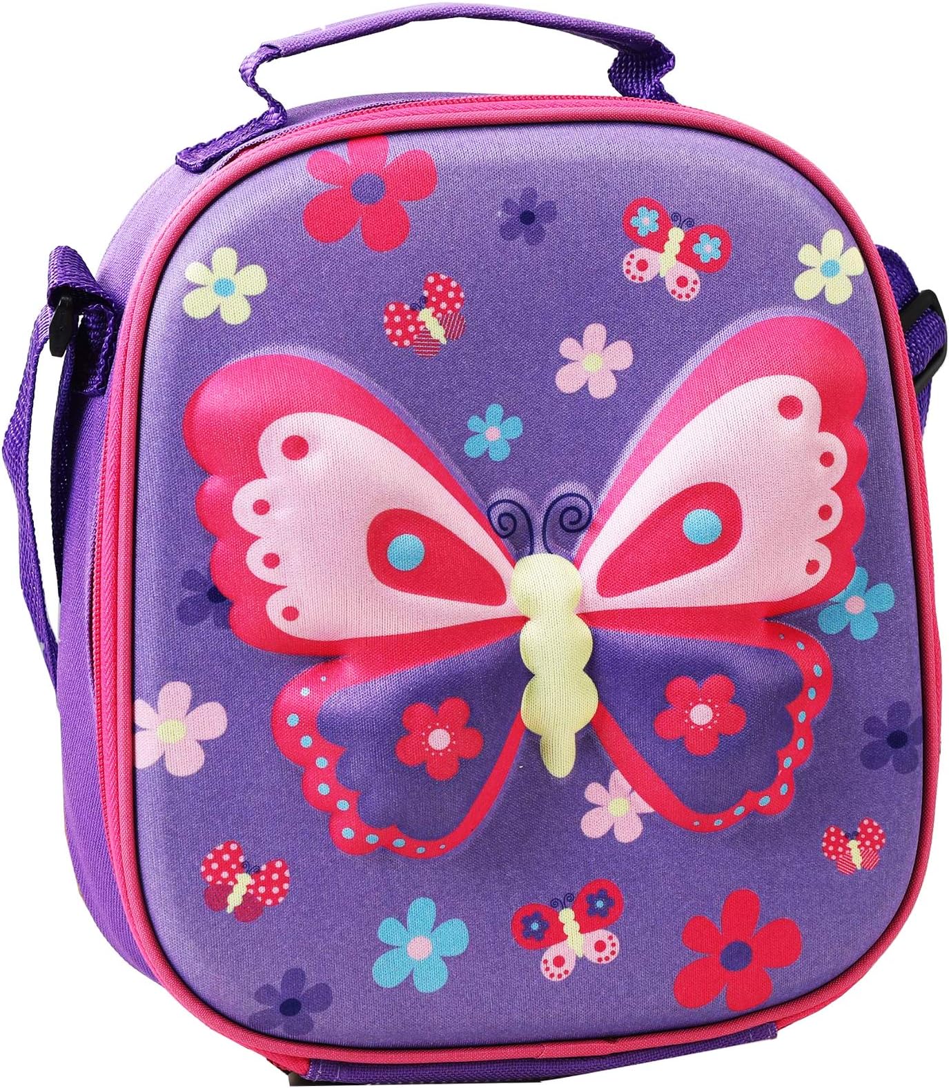 KEAIDUO Lunch Bag for Girls, Insulated Lunch Bag for Kids, Portable Lunch Cooler Bag for School with Name Card, Water-Resistant Lining, Purple Butterfly