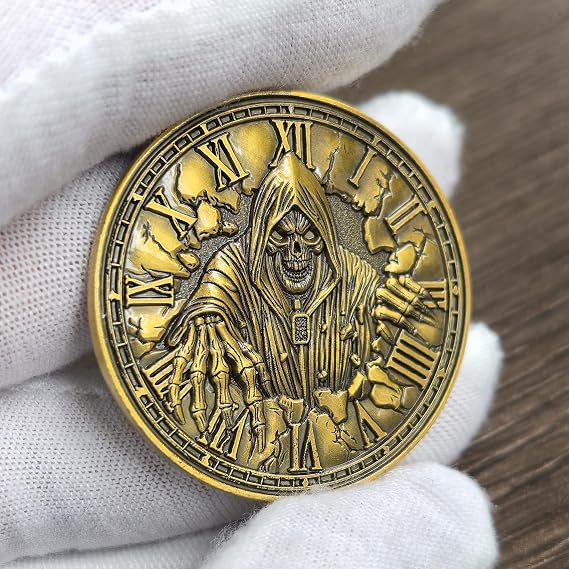 Memento Mori Challenge Coin - Grim Reaper and Hourglass with Carpe Diem Inscription (Single Coin)