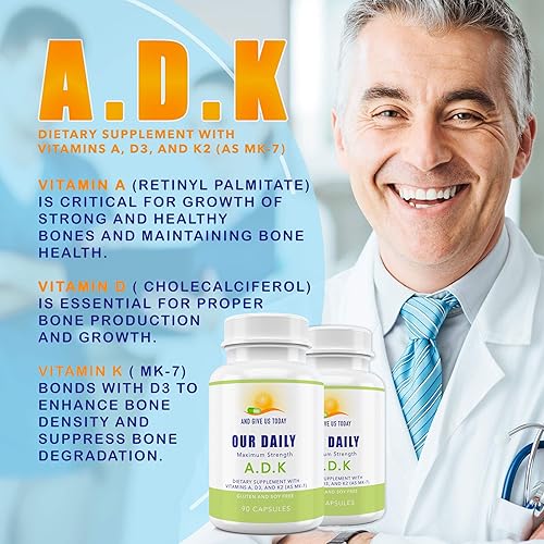 Miniatura 3 de Our Daily Vites Suplemento vitamínico ADK  Vitamina A, D3 y K (como MK7)  Apoyo a los huesos y el sistema inmunológico  Vitaminas de alta potencia