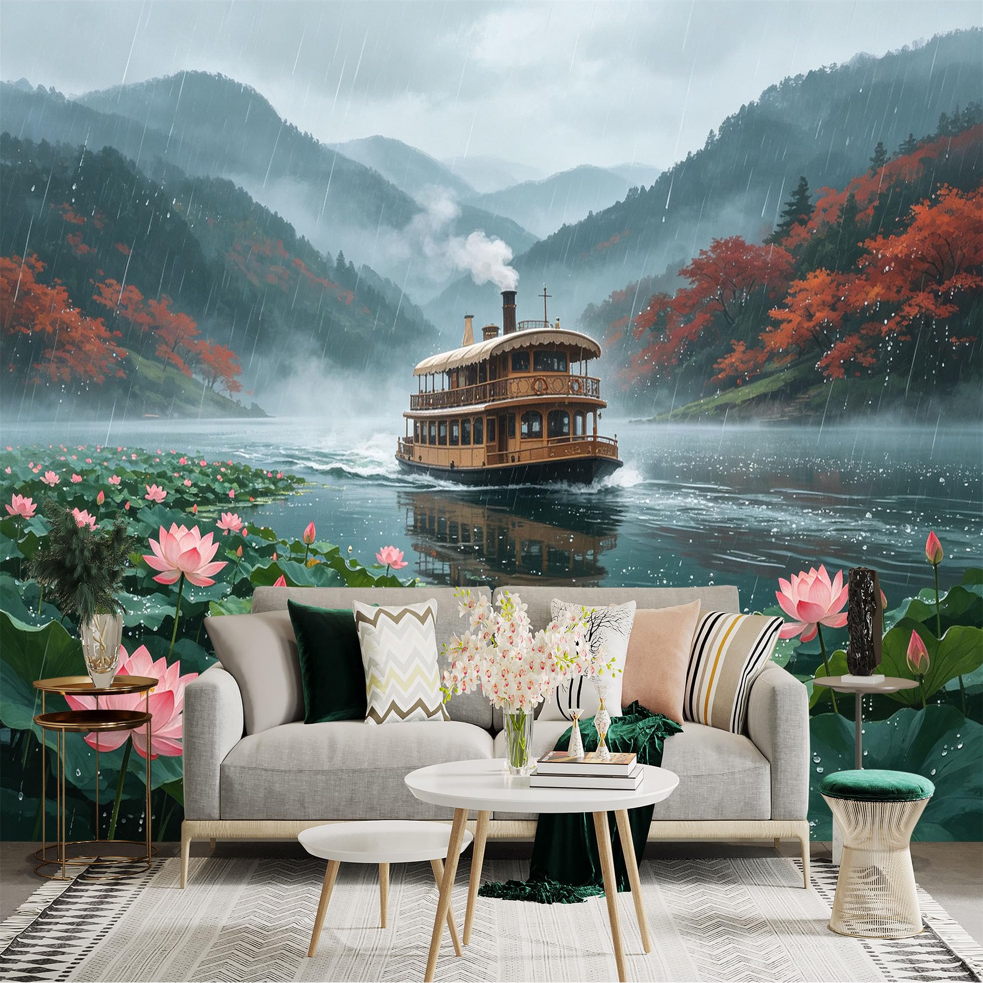Custom Size Wall Sticker Mural， Retro River Steamboat， Rainy Misty Mountains， Blooming Lotus Flowers， Peaceful Lake View， for wall Decoration， peelandstick wall Decals.