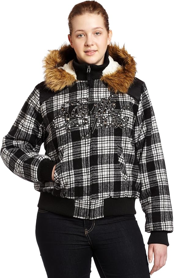 Southpole Juniors Plus Size Plaid Logo Bomber Jacket With Sherpa Lined