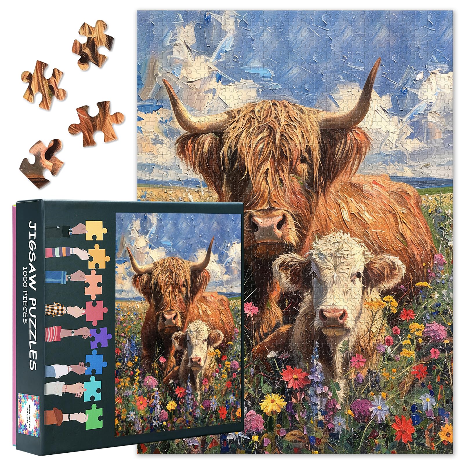 Wildflowers Field Jigsaw Puzzles 1000 Pieces for Adults Highland Cow Jigsaw Puzzle