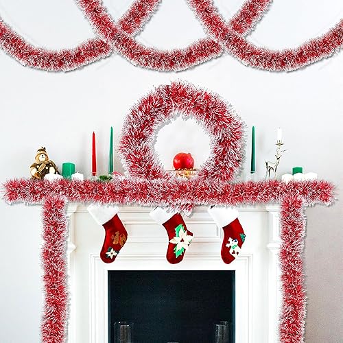 Miniatura 5 de Guirnalda de oropel de Navidad roja de 50 pies para decoración de árbol de Navidad, guirnalda colgante brillante de Navidad para chimenea,