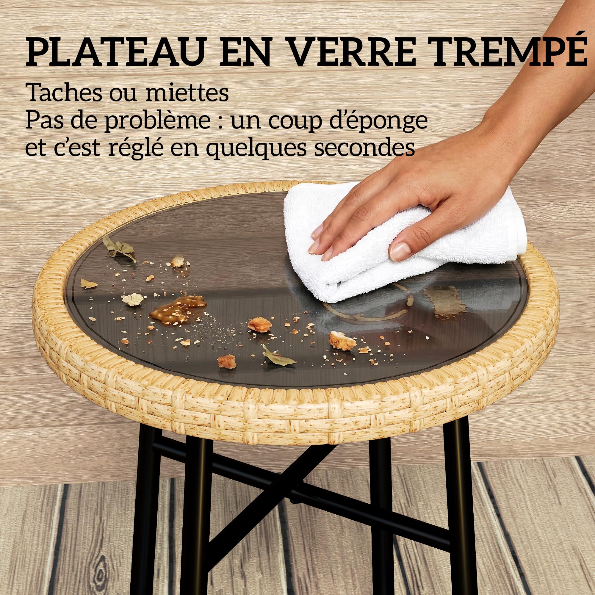 Outsunny Table Basse Ronde de Jardin en Résine Aspect Rotin, Acier et Plateau Verre Trempé Ø 46 cm, Naturel