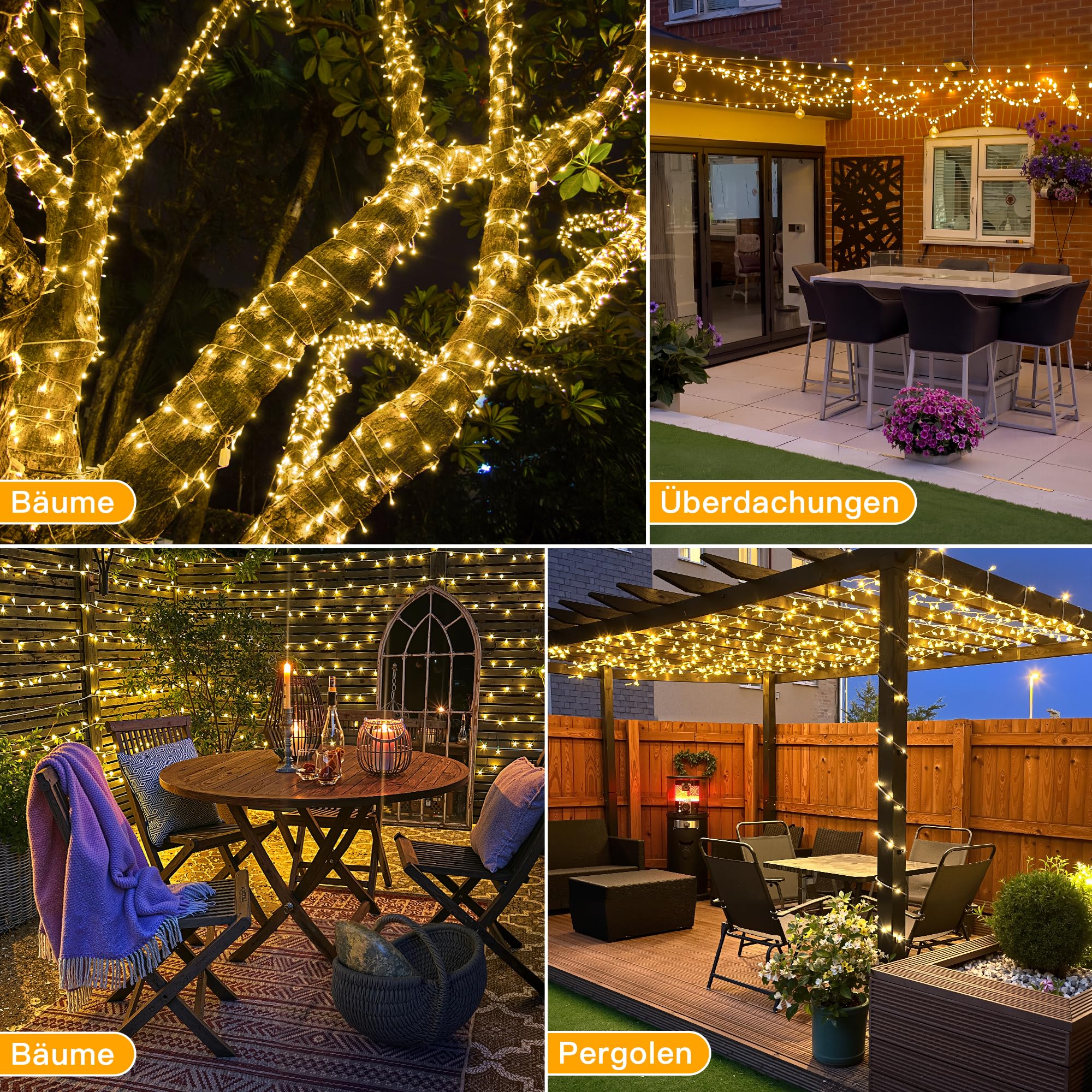 Ollny Lichterkette außen 100M 1000 LED, Lichterkette lang mit Fernbedienung 8 Modi Timer, IP44 wasserdicht Lichterkette outdoor für Party Hochzeit Ostern Garten Balkon(warmweiß)