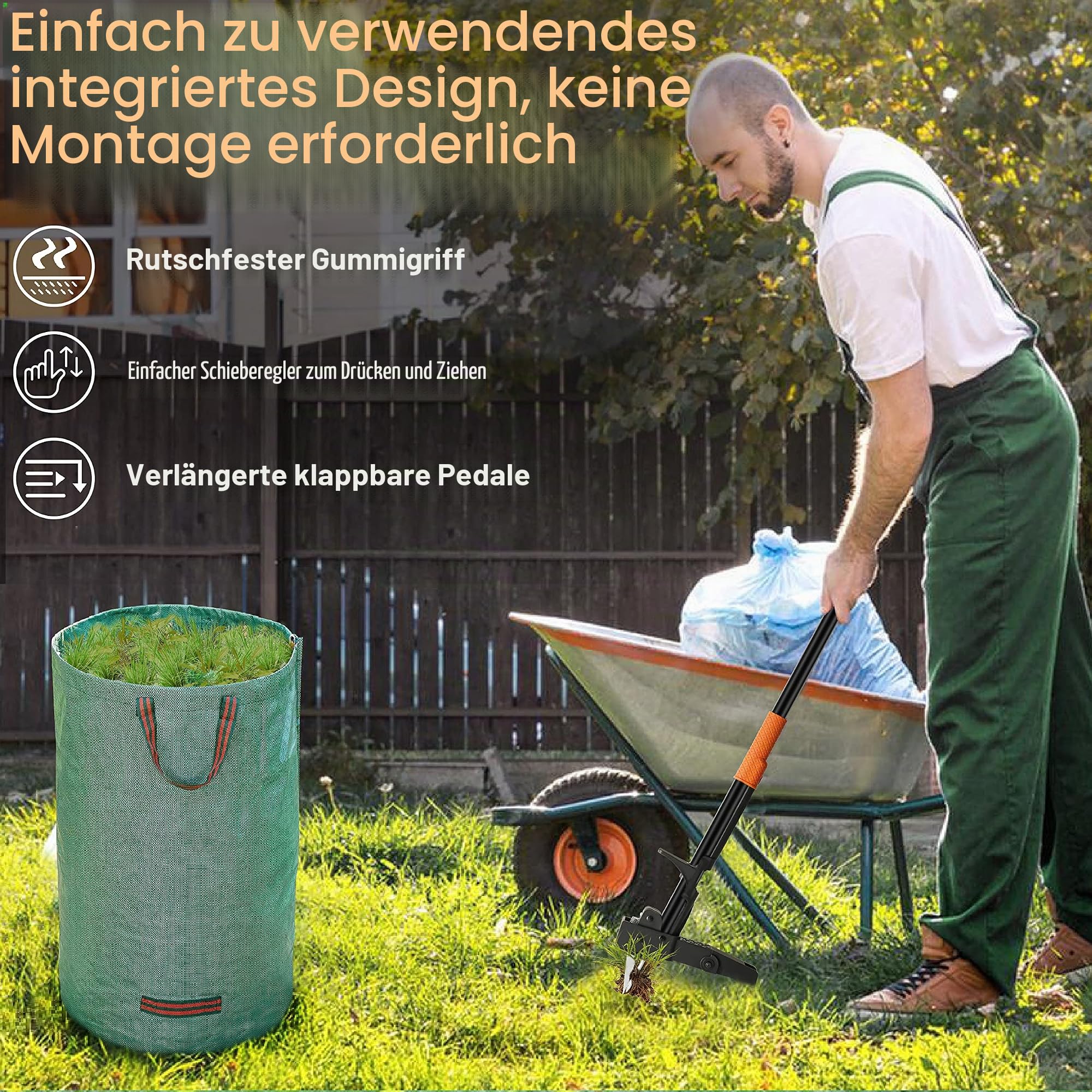 Unkrautstecher zum Aufstellen – 101,6 cm Langer Unkrautstecher + Gartentasche, 4 Krallen aus Edelstahl und klappbarem Fußbrett, einfache Unkrautentfernung, kein Bücken