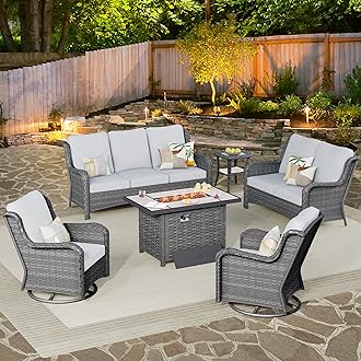 ovios 6 Pieces Patio Furniture Set with 42 inch Fire Pit Table, Outdoor Wicker Sofa Couch Loveseat, Swivel Rocking Glider Chairs, Modern Conversation Set, Grey Rattan, Grey