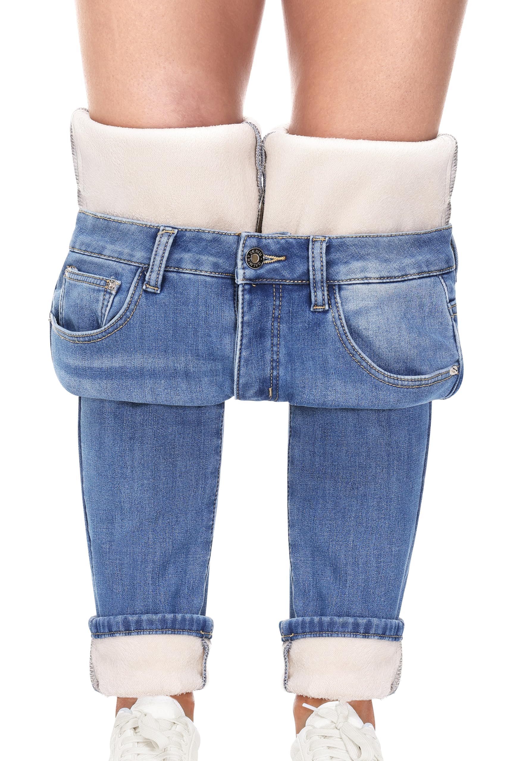 Pantalones Vaqueros de Invierno con Forro Polar para Mujer Jeans Ajustados Térmicos Denim Levanta Glúteos Cálidos Invierno Leggings Vaqueros