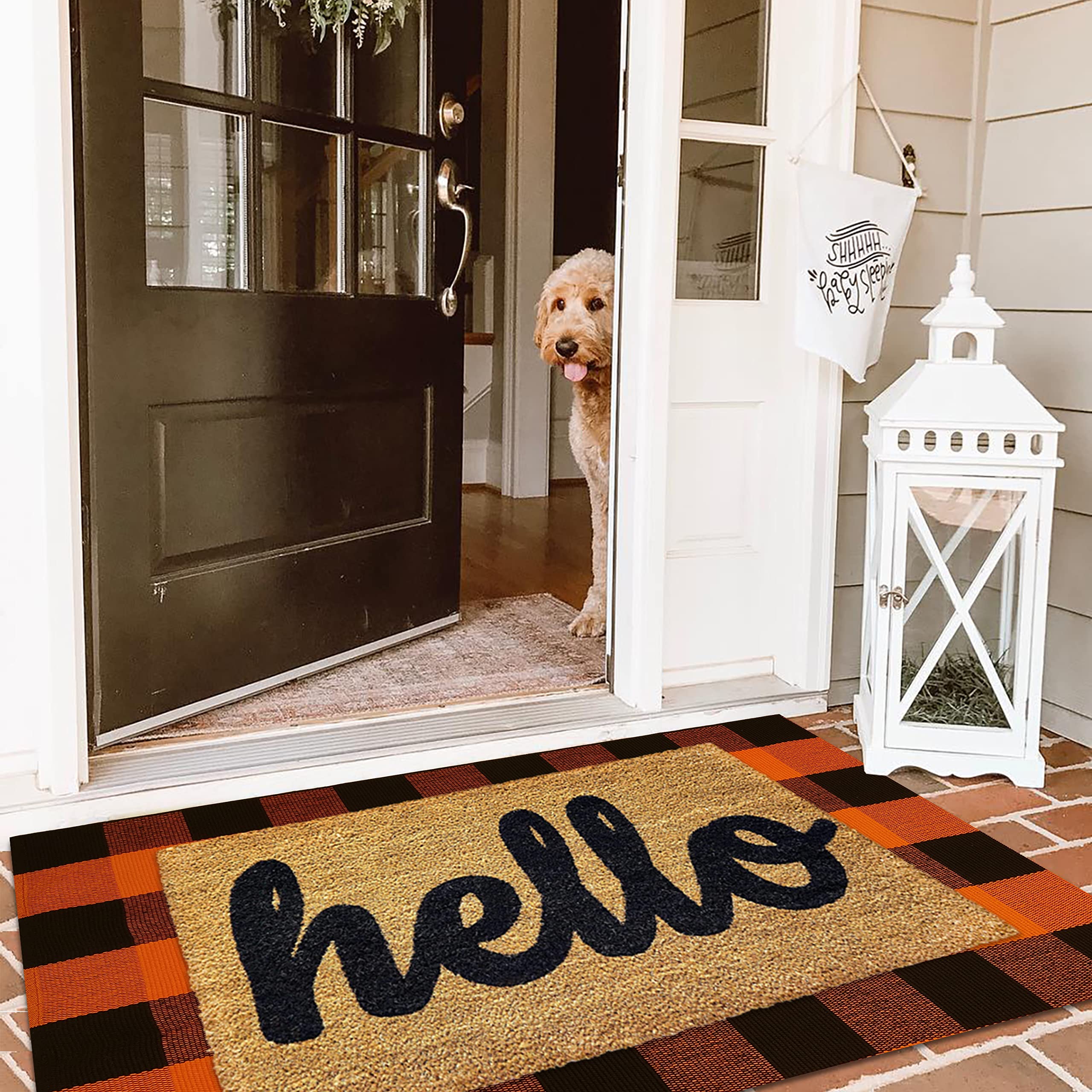 KILOCOCO Halloween Doormat (2.3'x3.6') — Buffalo Plaid Rug Outdoor Rug for Thanksgiving — Washable Fall Doormats Layered Front Door Mat for Porch/Farmhouse/Entryway/Patio (Orange Rug Christmas Decor)