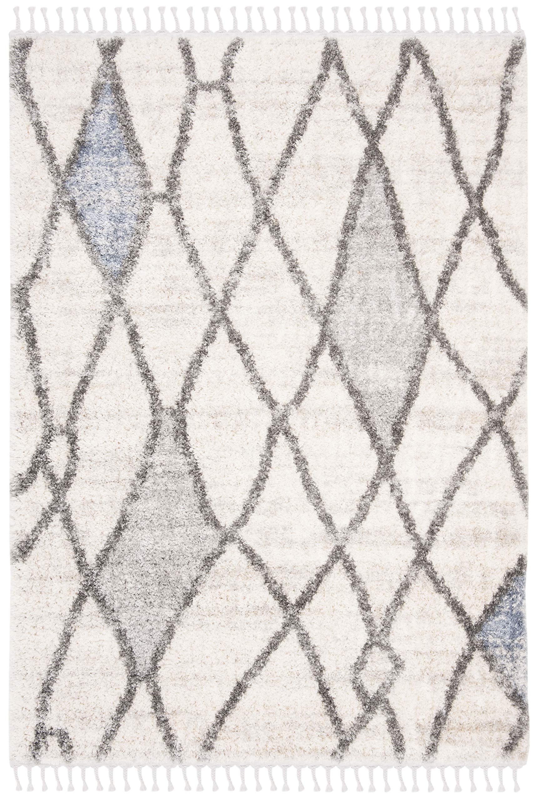 Safavieh Moroccan Shaggy Indoor Woven Rectangle Area Rug, Berber Fringe Shag Collection, BFG628, in Cream / Blue, 183 X 274 cm for Living Room, Bedroom or Any Indoor Space