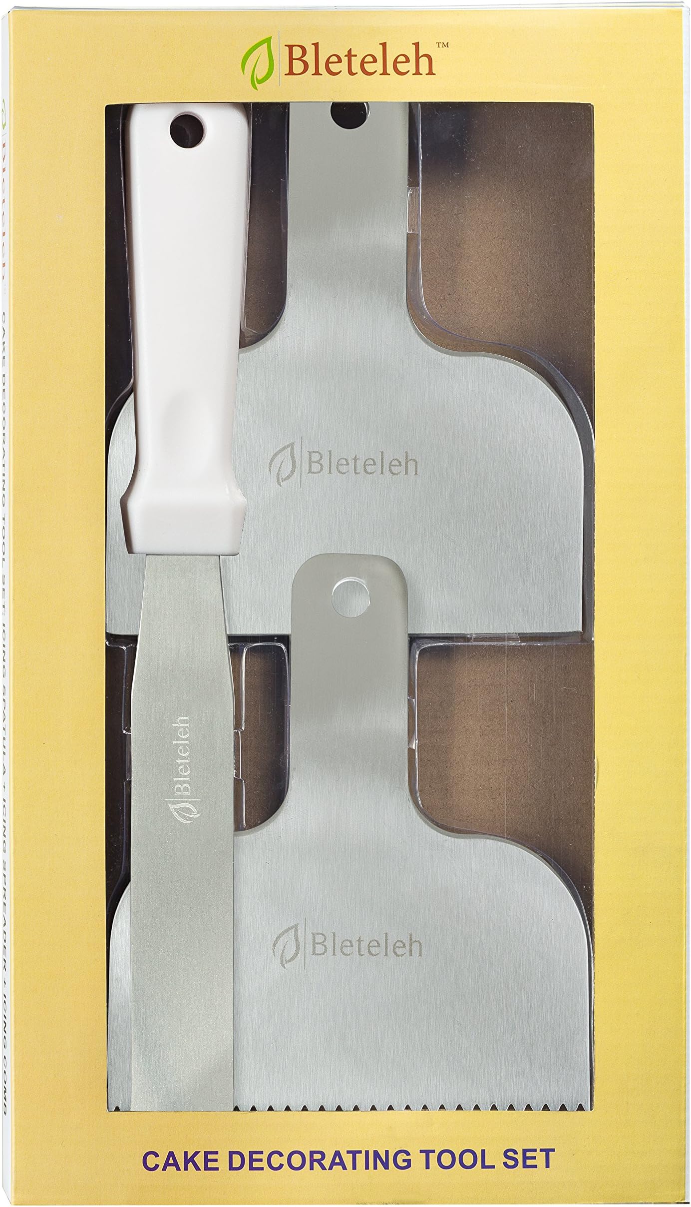 Stainless Steel Cake Decorating Tool Set: Contains 6-inch blade icing spatula, large 5-inch icing scraper/spreader/smoother, and large 5-inch zigzag icing scraper/spreader/smoother comb