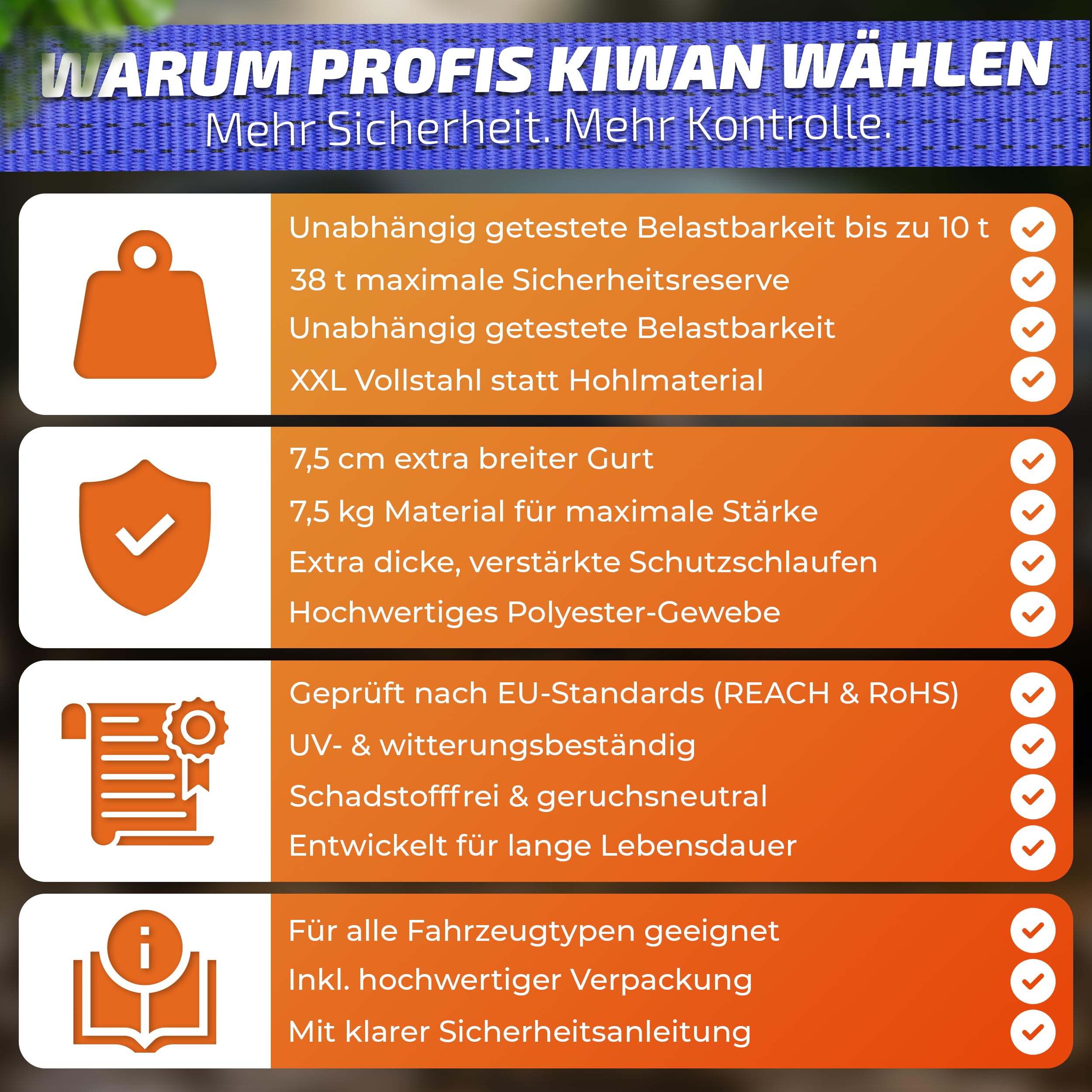 Kiwan Pro Abschleppseil WLL 10 t Maximale Sicherheit statt Bruchlast-Tricks 38 t Bruchlast Geprüfte Belastbarkeit XXL Schäkel 5 m x 7,5 cm Offroad Bergungsgurt für PKW SUV Transporter Wohnmobil