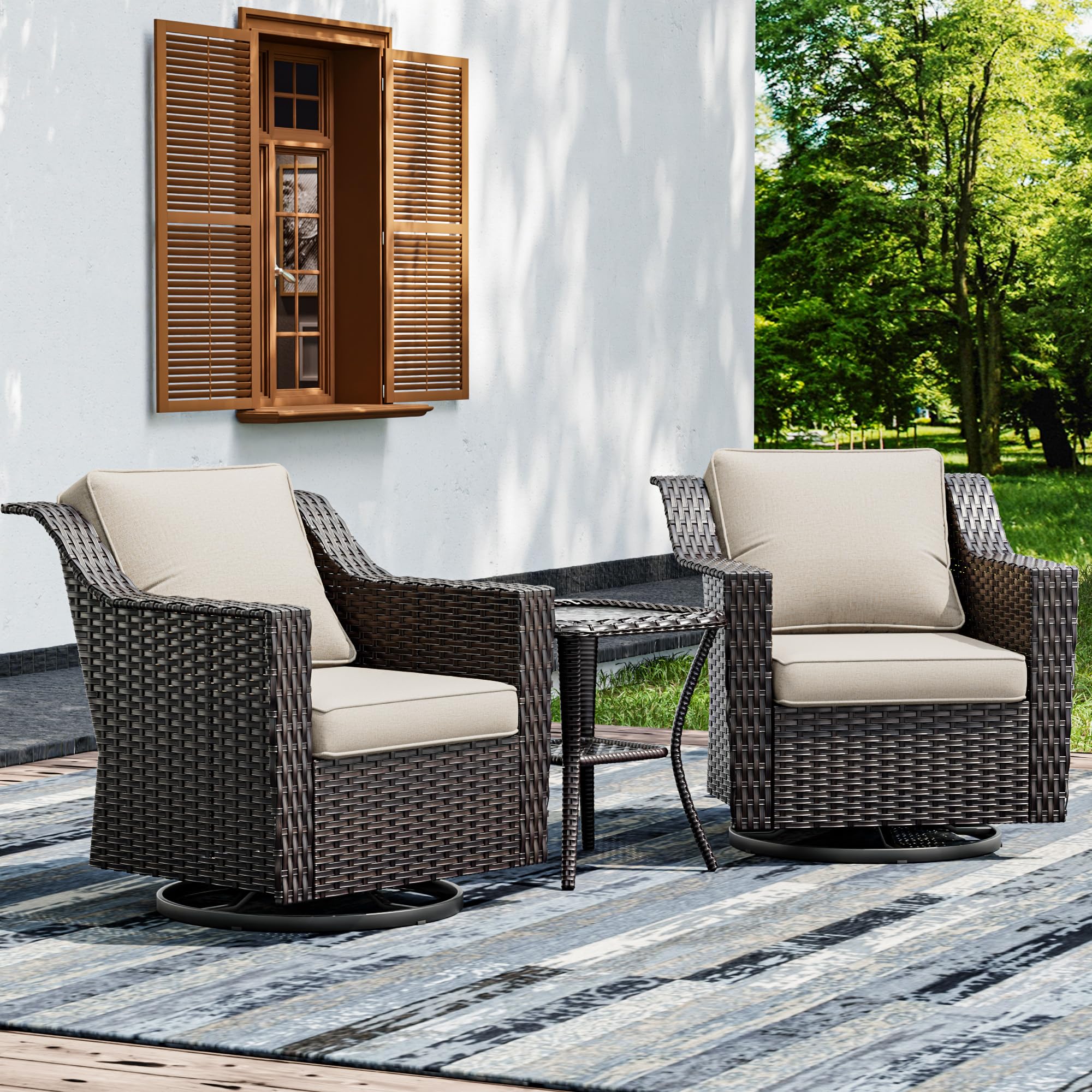 Joyside Wicker Patio Furniture Sets, 3 Pieces Upgraded Large Size Outdoor Furniture with 2 Patio Swivel Chairs and 1 Side Table, Thick Cushions, Wide