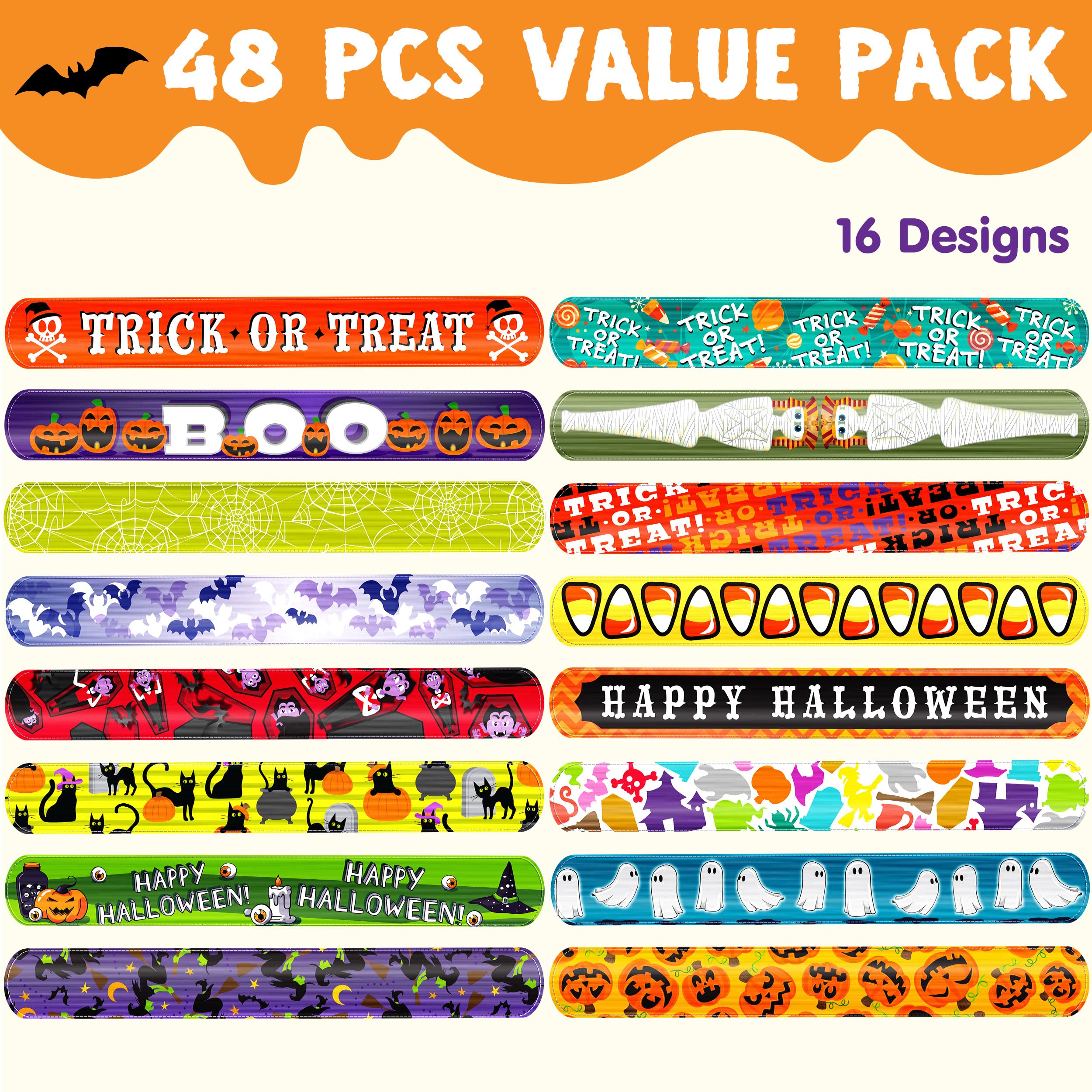 JOYIN 48 PCS Halloween Slap Bracelets for Kids, Friendship Bracelets Bulk for Halloween Party Favors, Trick or Treats Party Snap Bracelet Classroom Exchange Prizes