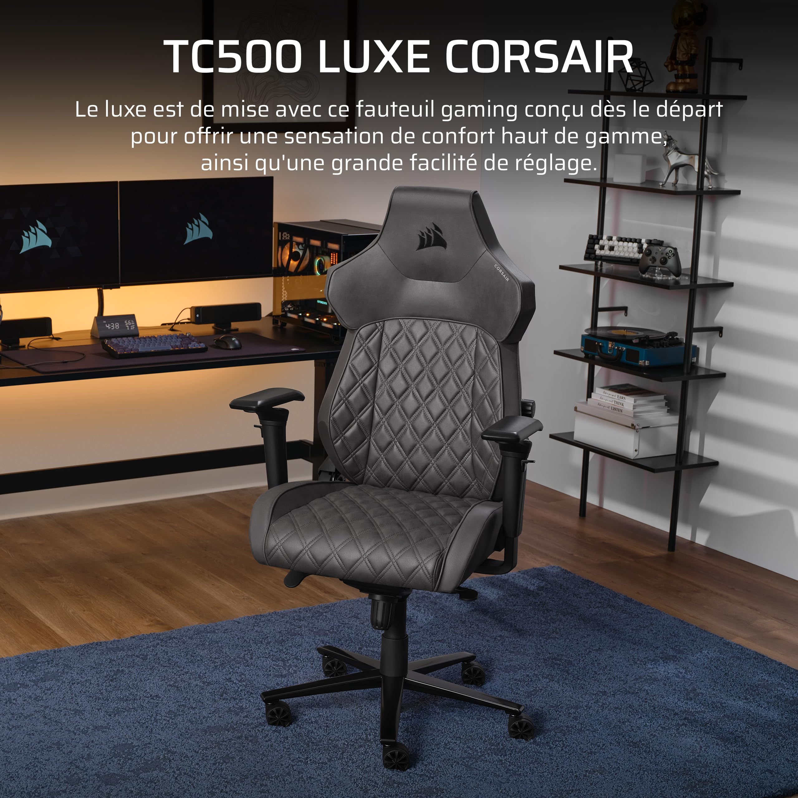 Corsair TC500 Luxe Fauteuil Gaming – Tissu Respirant de Qualité Supérieure – Sièges Larges – Accoudoirs Réglables dans Cinq Directions – Support Lombaire Réglable – Inclinaison 90-135 degré – Ombre