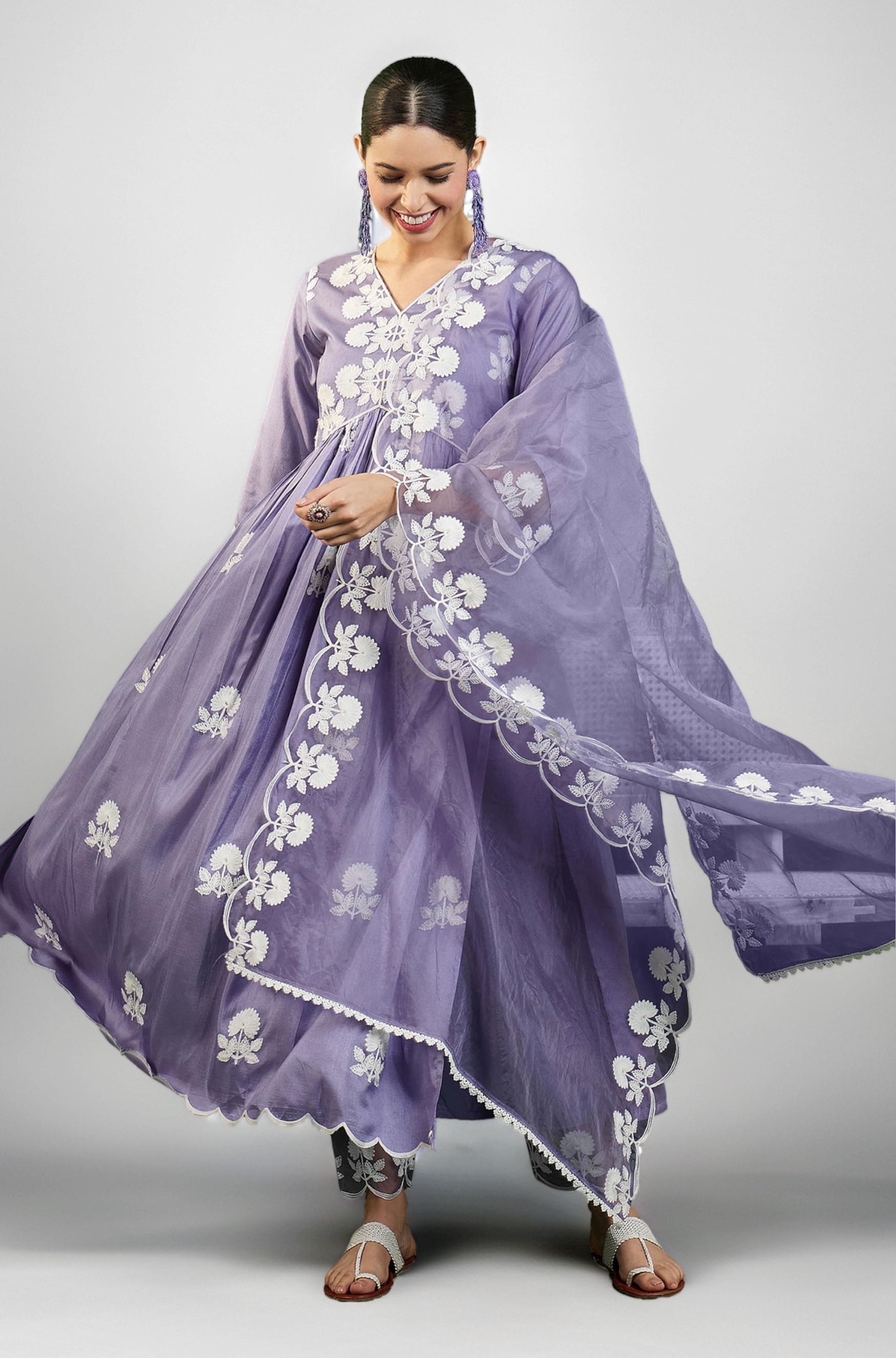 - Women's Silk Blend Chain Work Embroidered A Line Kurta with Pant Set For Wedding, Ethnic Wear