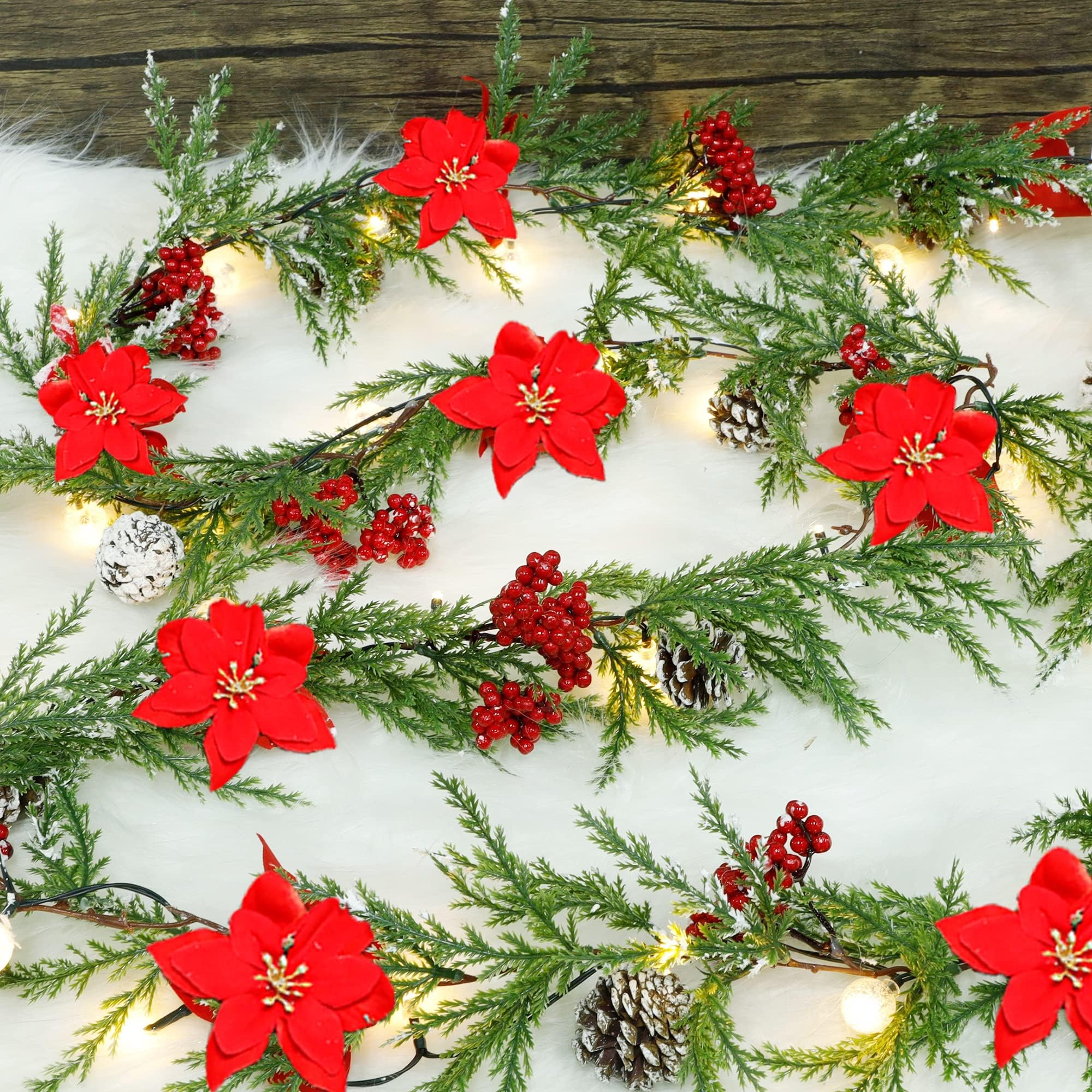 DR.DUDU 9 FT Pre-lit Artificial Christmas Garland with 30 LED Lights, Battery Powered with Pine Cones, Red Berries, Pine Needles, Lighted Christmas Wreath for Holiday Party, Xmas Tree Decorations