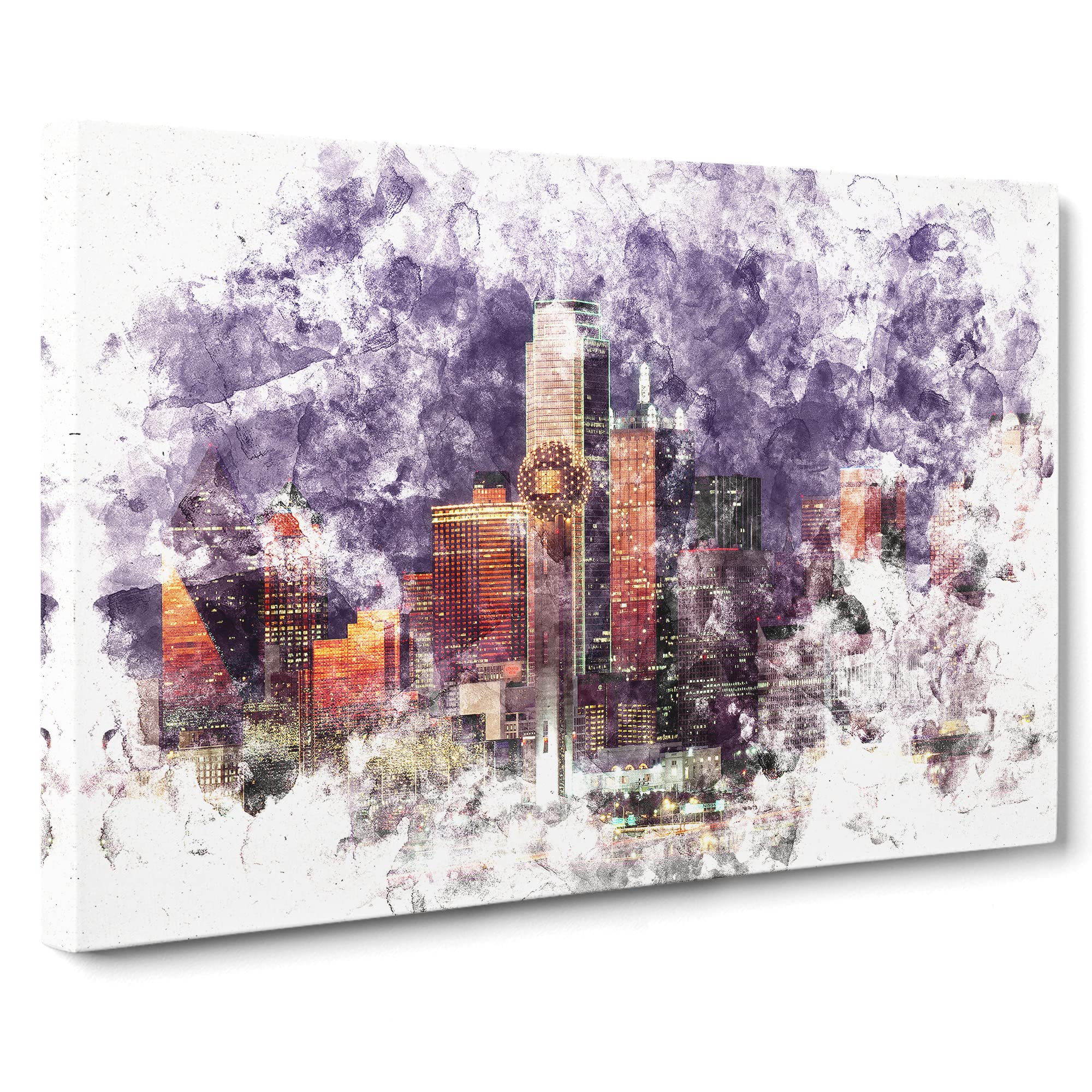 Dallas Texas Skyline At Dusk Watercolour Canvas Print, Mixed, 25L x 50W cm
