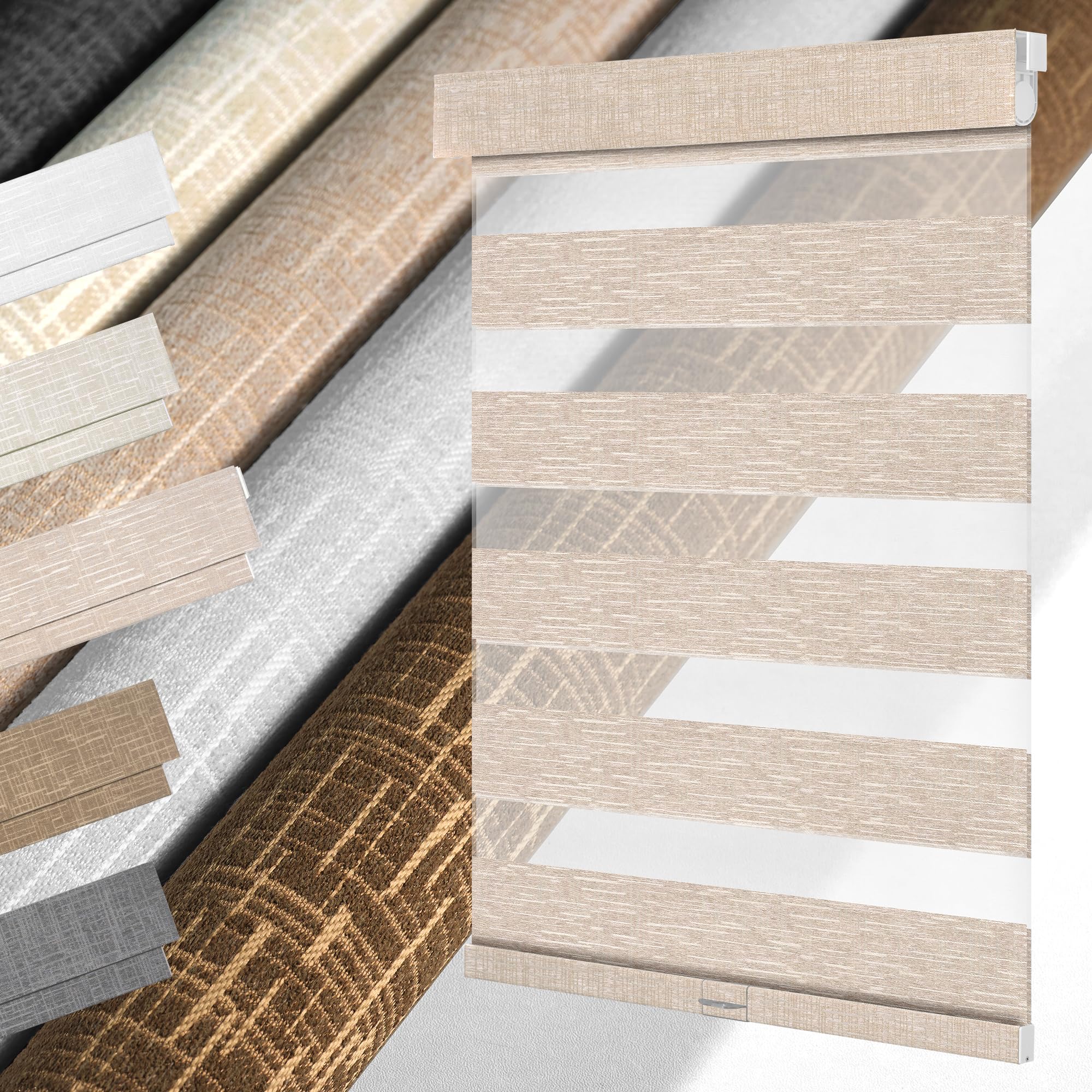 MoDanCeQ No Drill No Tools Zebra Blinds for Windows,Linen Fabric Cordless Zebra Shades,Custom Double-Layer Window Blinds,Easy to Install Roller Shades