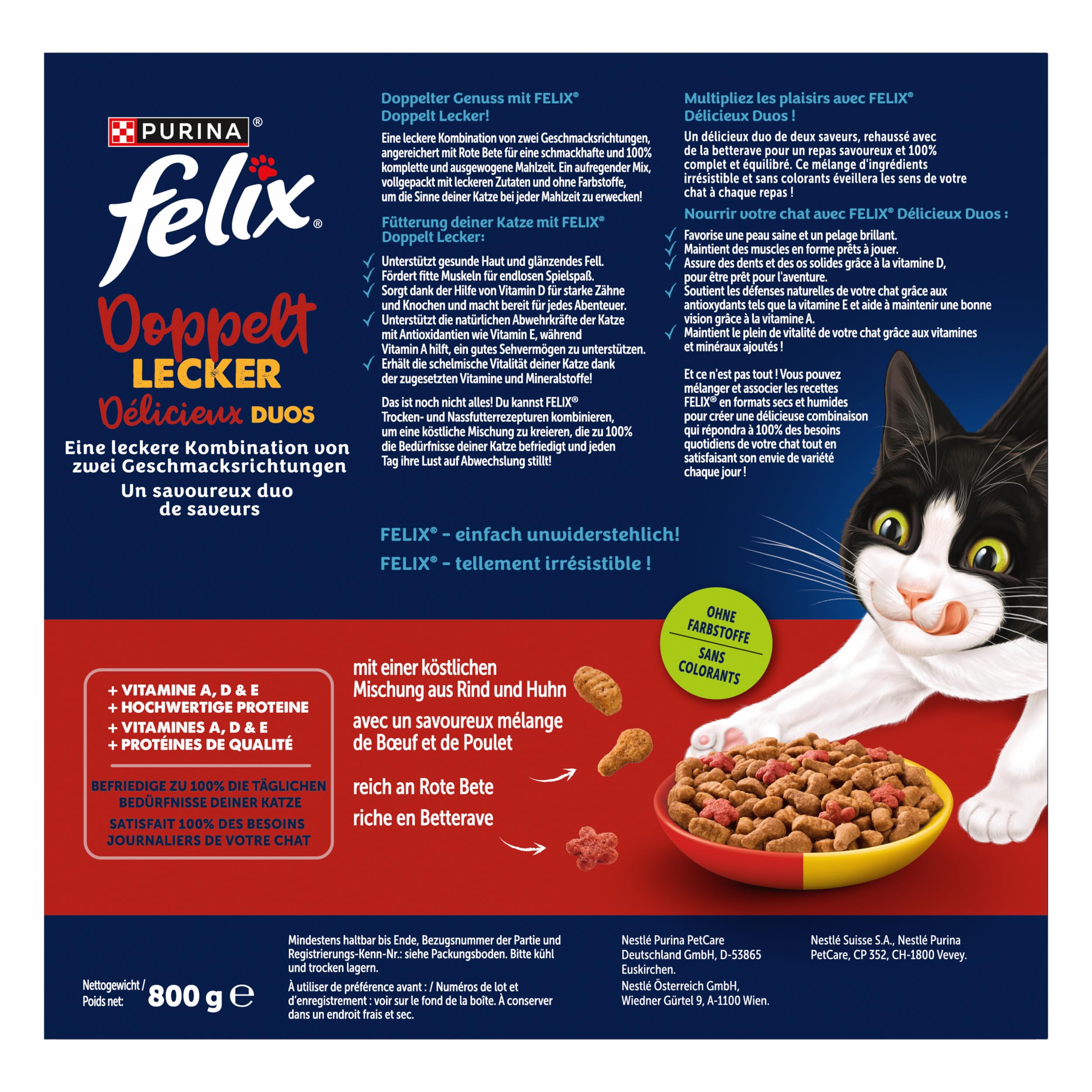Felix Doppelt Lecker Katzenfutter trocken mit Rind, Huhn und reich an Rote Bete, 5er Pack (5 x 800g)