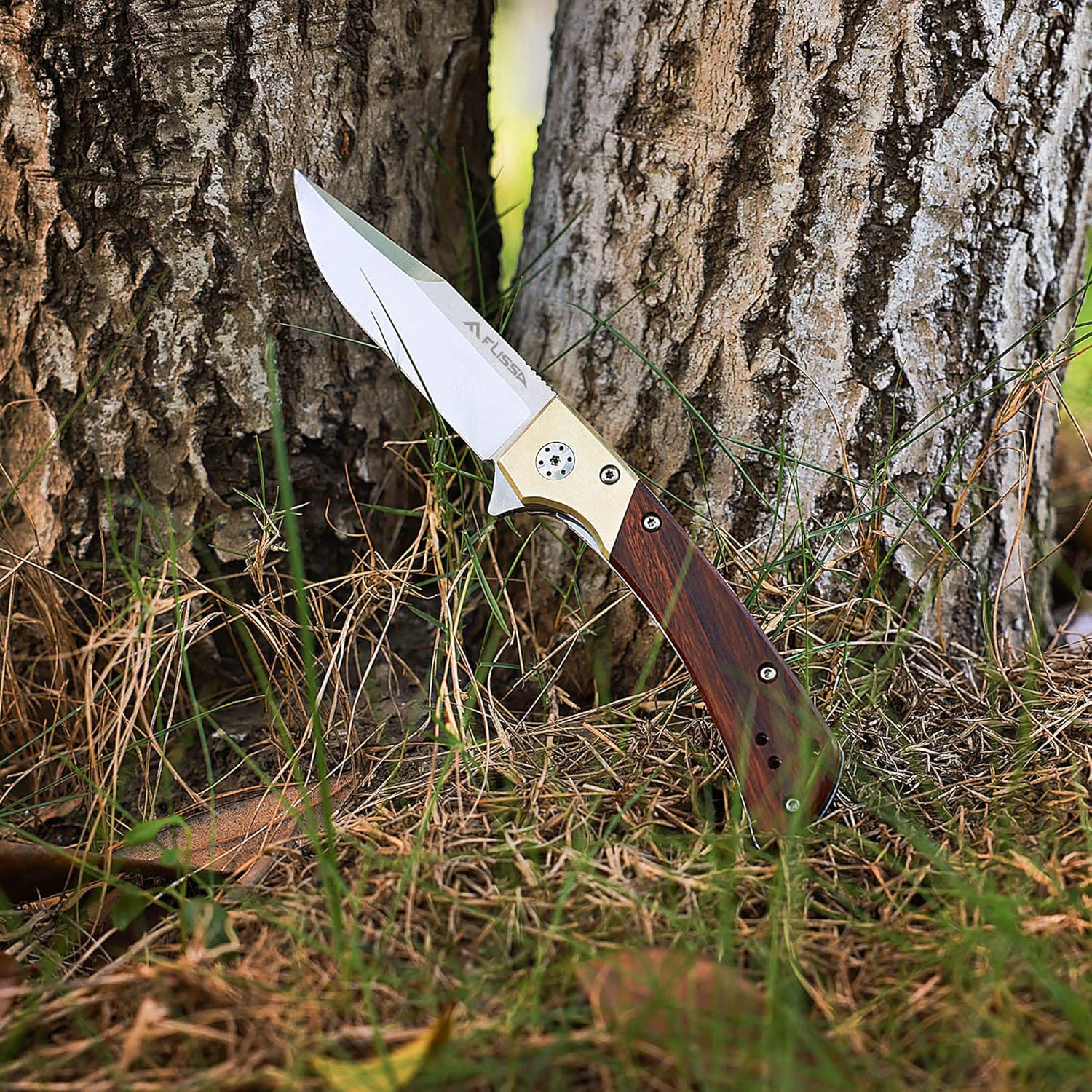FLISSA Pocket Knife, Folding Knife with D2 Steel Blade, Ball Bearing, Elegant Copper & Wood Handle, Liner Lock, Pocket Clip, Cleaning Cloth, Perfect for EDC, Daily Use, Outdoor