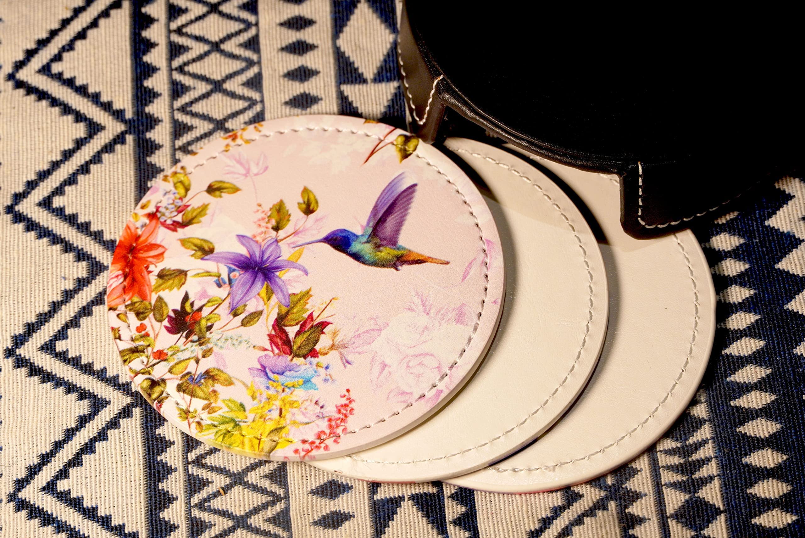 Colibríes – Posavasos para bebidas – Posavasos de cuero con soporte – Juego de 6 tazas redondas – Alfombrilla para cocina en casa