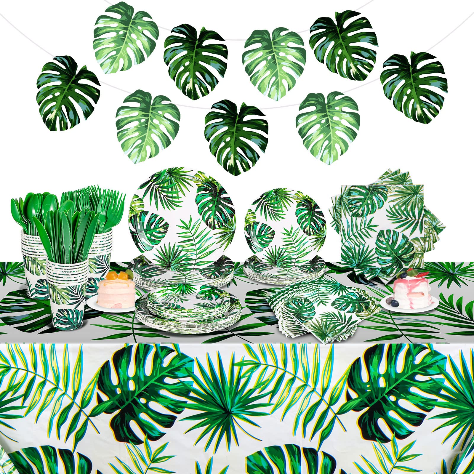 Rtteri 171 Pcs Hawaiian Luau Party Supplies Tropical Palm Leaves Tableware 24 Disposable Dinnerware Set with Plate Napkins Tablecloth for Summer Pool